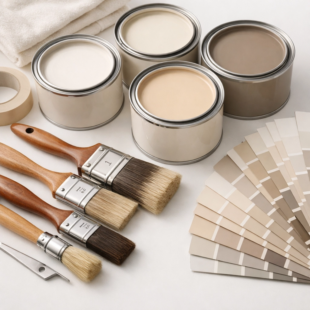 Interior painting Orlando supplies with neutral color swatches and premium brushes