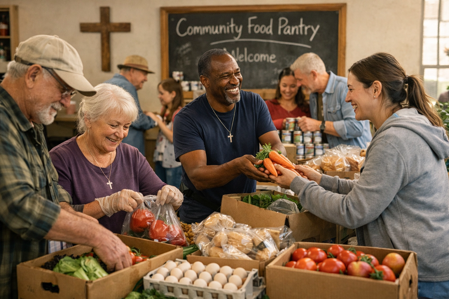 Church volunteers serving community at food pantry showing faith in action