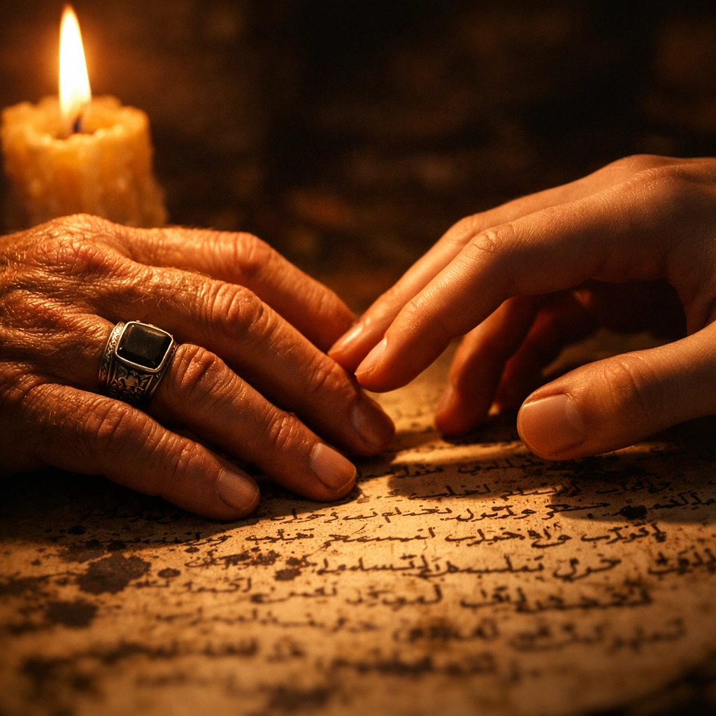 Close-up of an older scholar and young student’s hands almost touching over a historical manuscript.