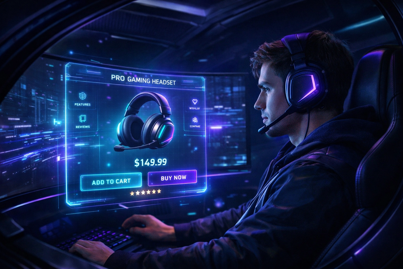Gen Z gamer using an AI-powered shopping interface inside a high-tech EsportsPod simulation station.