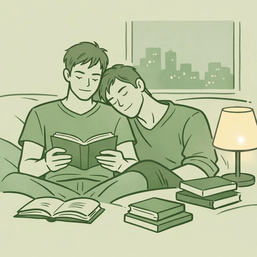 Gay couple reading MM romance books together in safe Toronto home after fleeing persecution