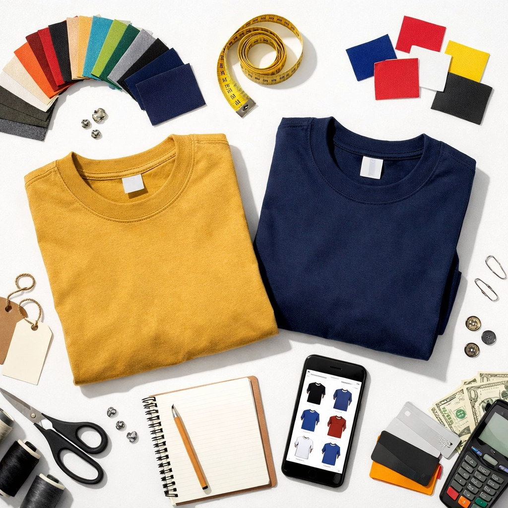 Custom t-shirt ordering setup with Comfort Colors and Gildan shirts, color swatches, and catalog