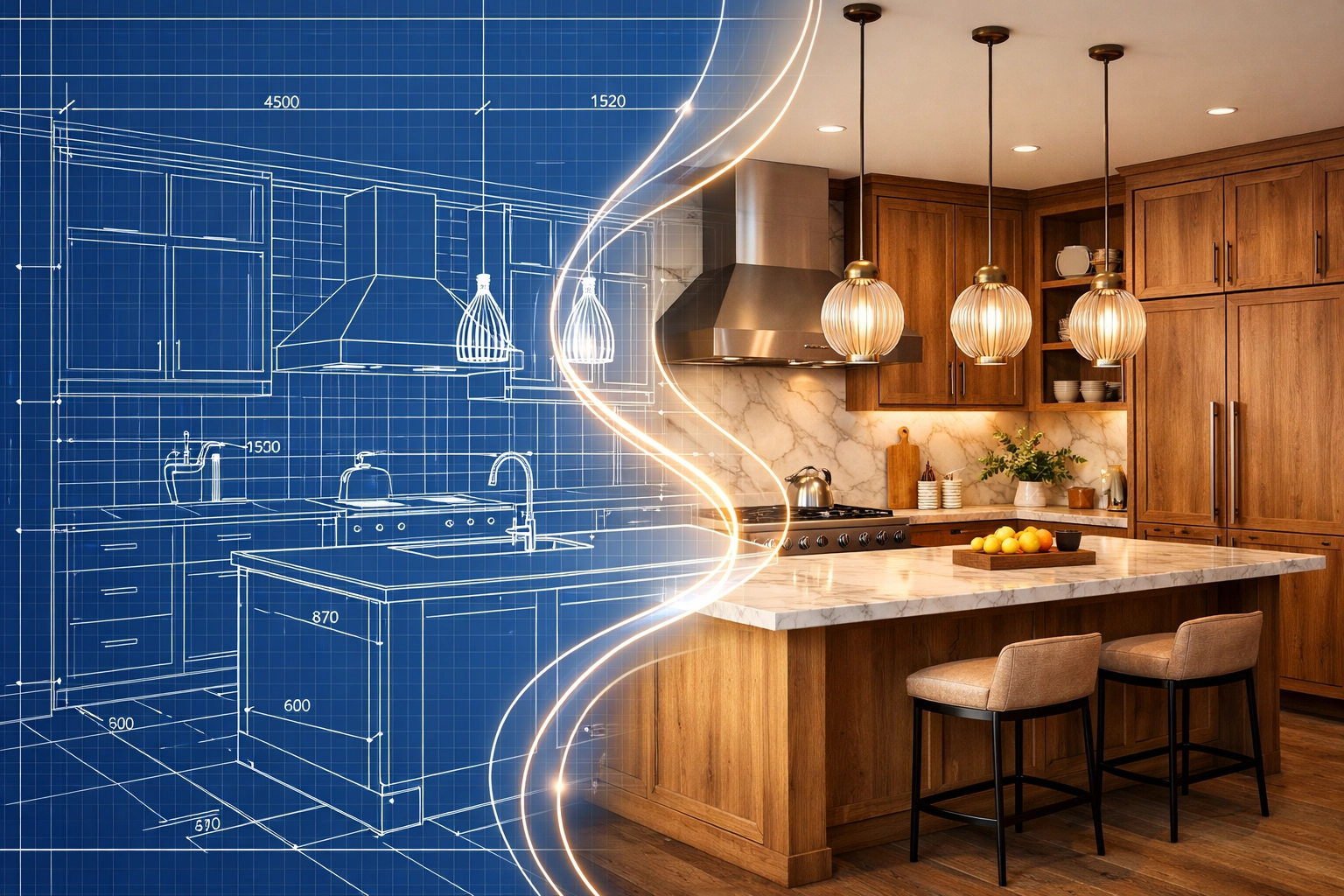 Kitchen design blueprint transforming into finished custom kitchen with wood cabinets