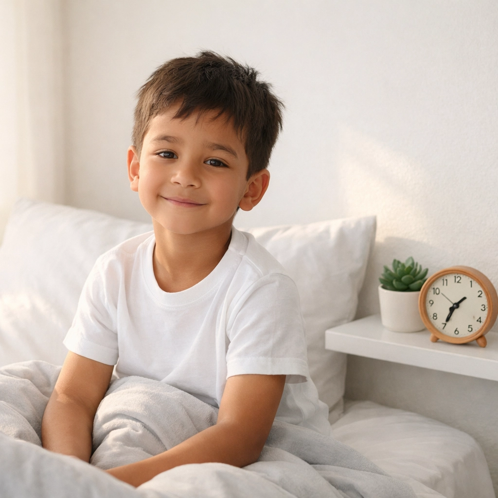 Uitgerust kind in een rustige slaapkamer benadrukt het belang van slaap voor gezonde executieve functies bij kinderen.