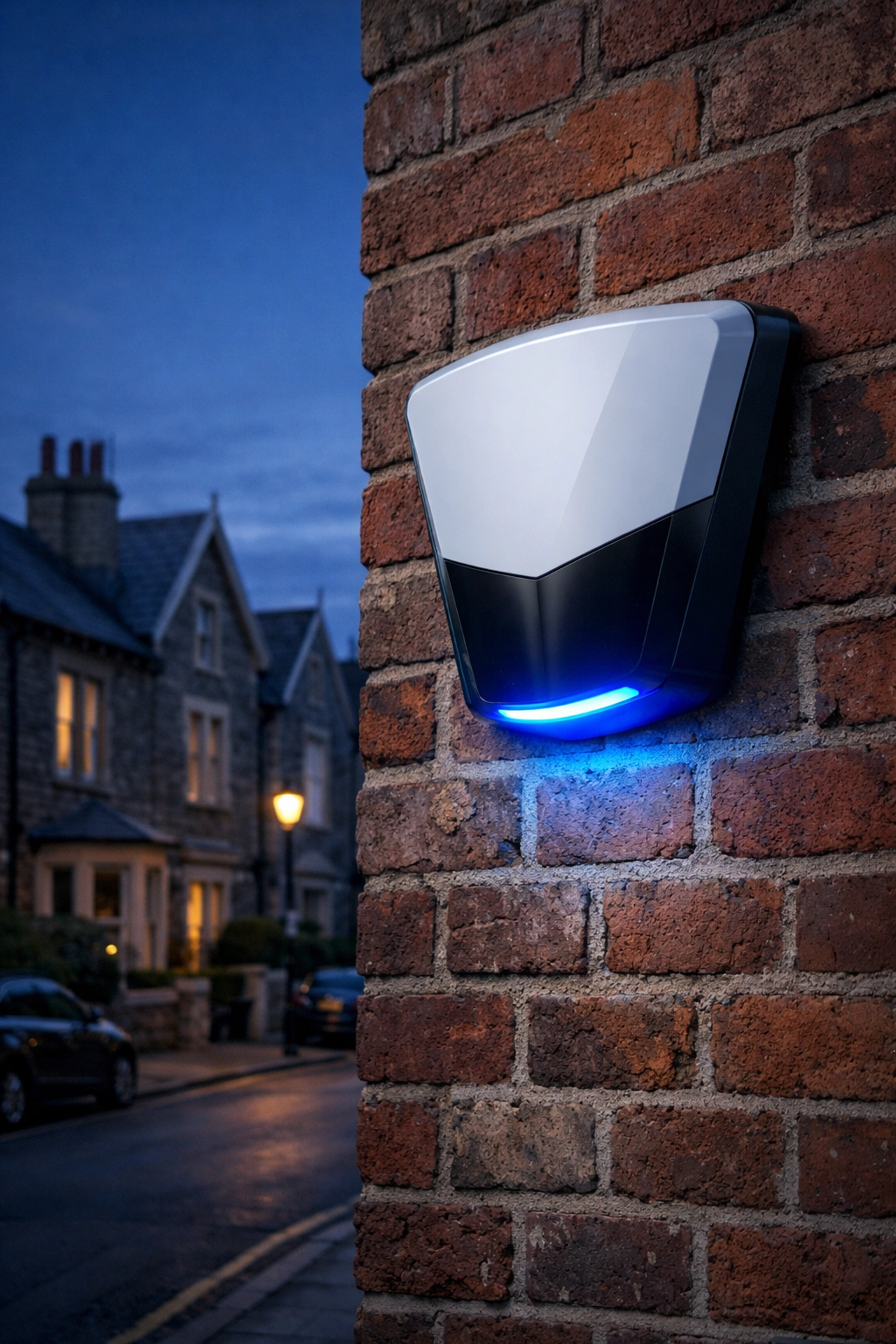 Modern external security alarm siren installed on a traditional Weston-super-Mare Victorian house.