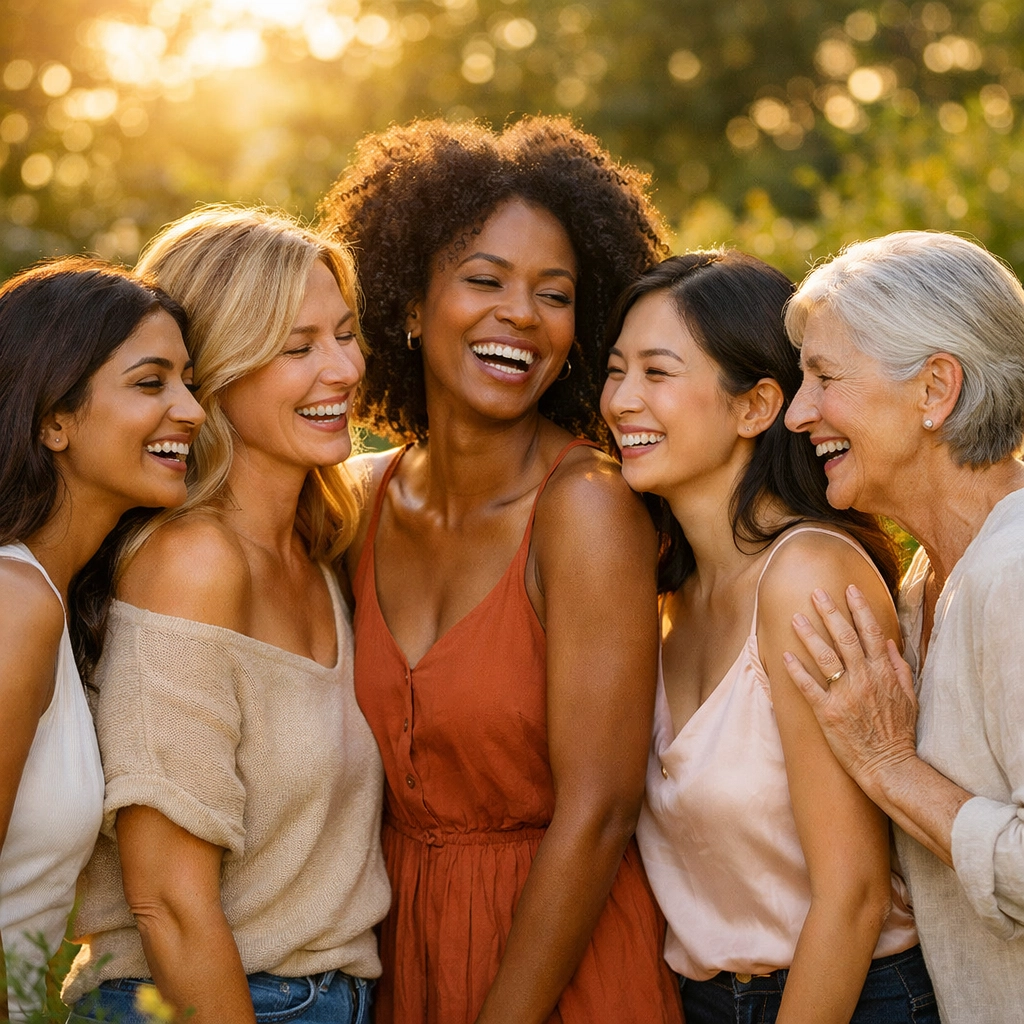 Diverse group of women with radiant natural skin celebrating community in a sunny garden.