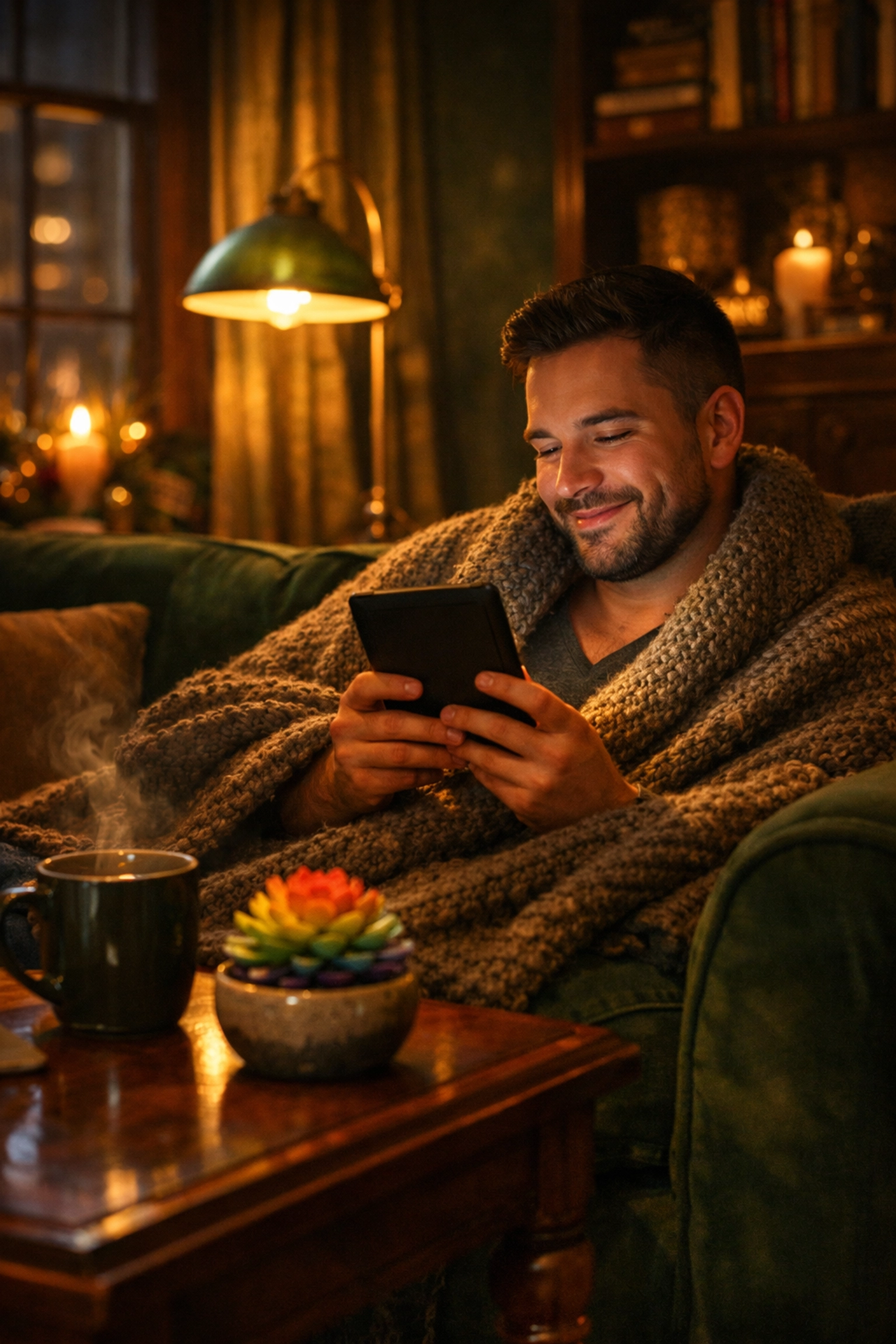 A gay man practicing professional self-care by reading an MM romance book on his e-reader at home.