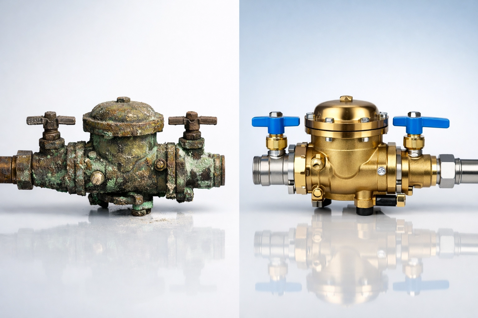 Backflow Repair vs. Replacement: How to Avoid Failing Your Next Inspection 4 Side-by-side comparison of a corroded old backflow valve and a clean new backflow replacement unit.