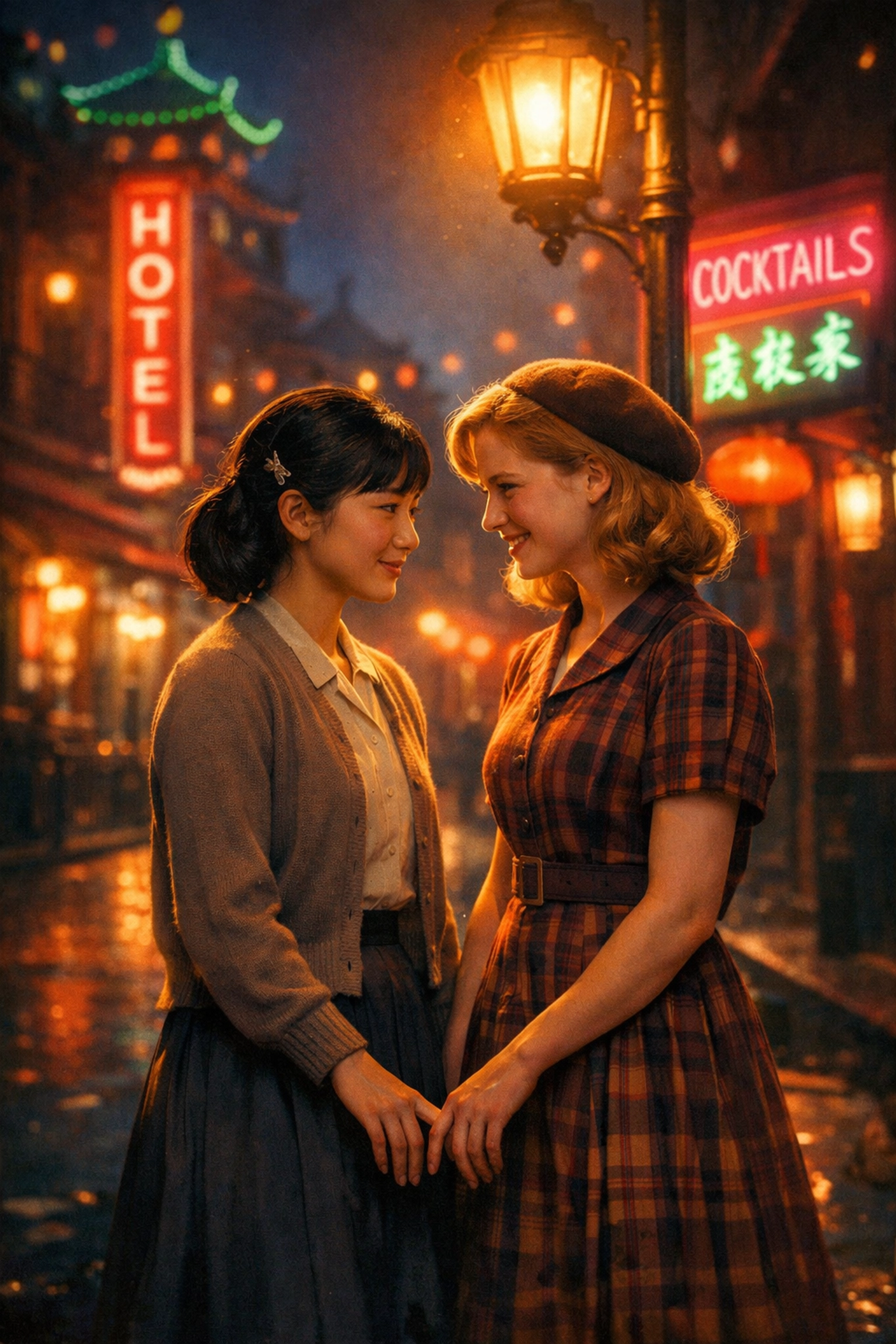 Two young women in 1950s Chinatown San Francisco sharing a romantic moment under streetlights