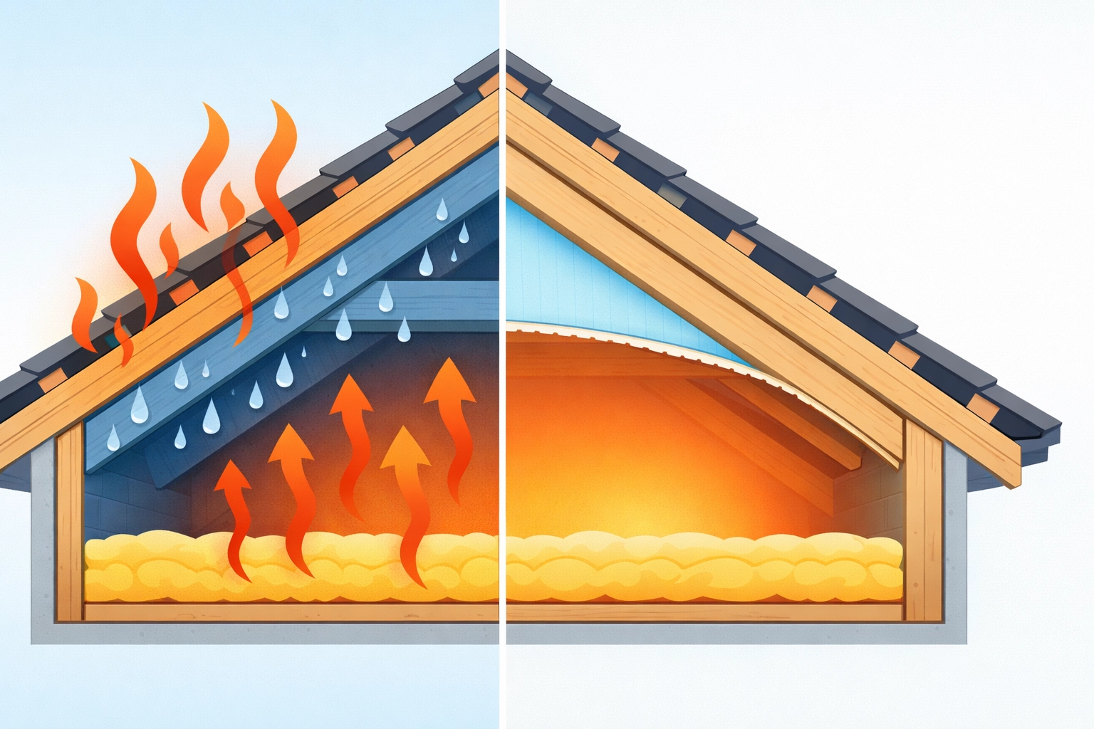 Loft condensation comparison showing heat loss through unsealed roof vs properly insulated with vapor barrier