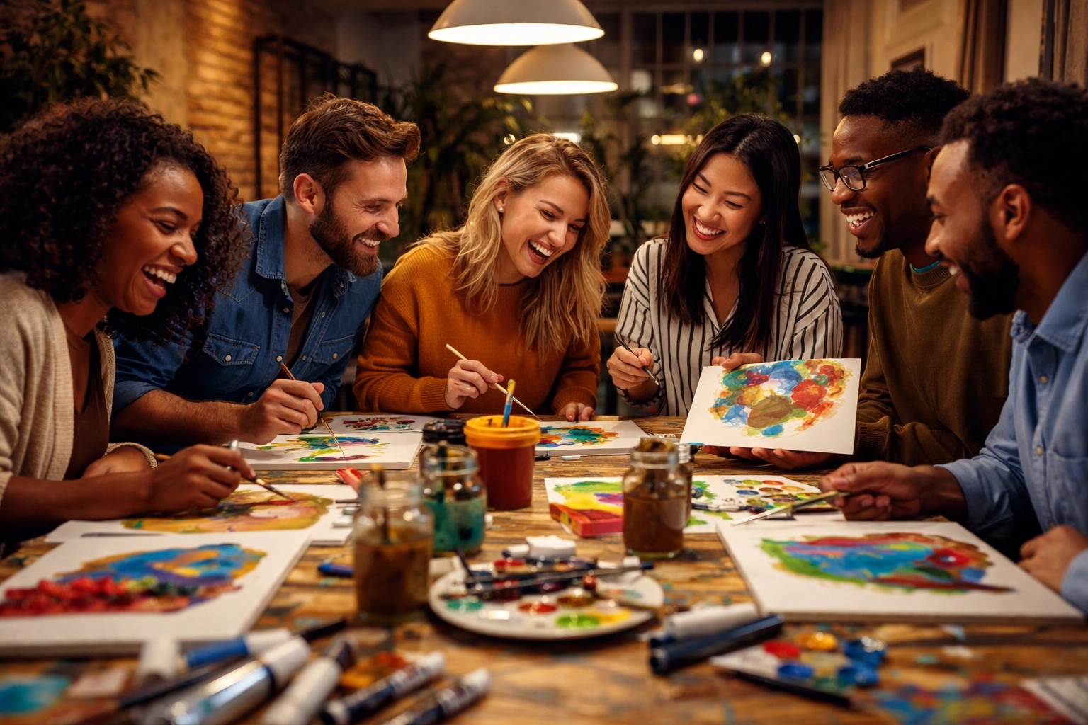 Corporate team laughing and painting together at a table, capturing collaborative analog art for stress relief and wellness