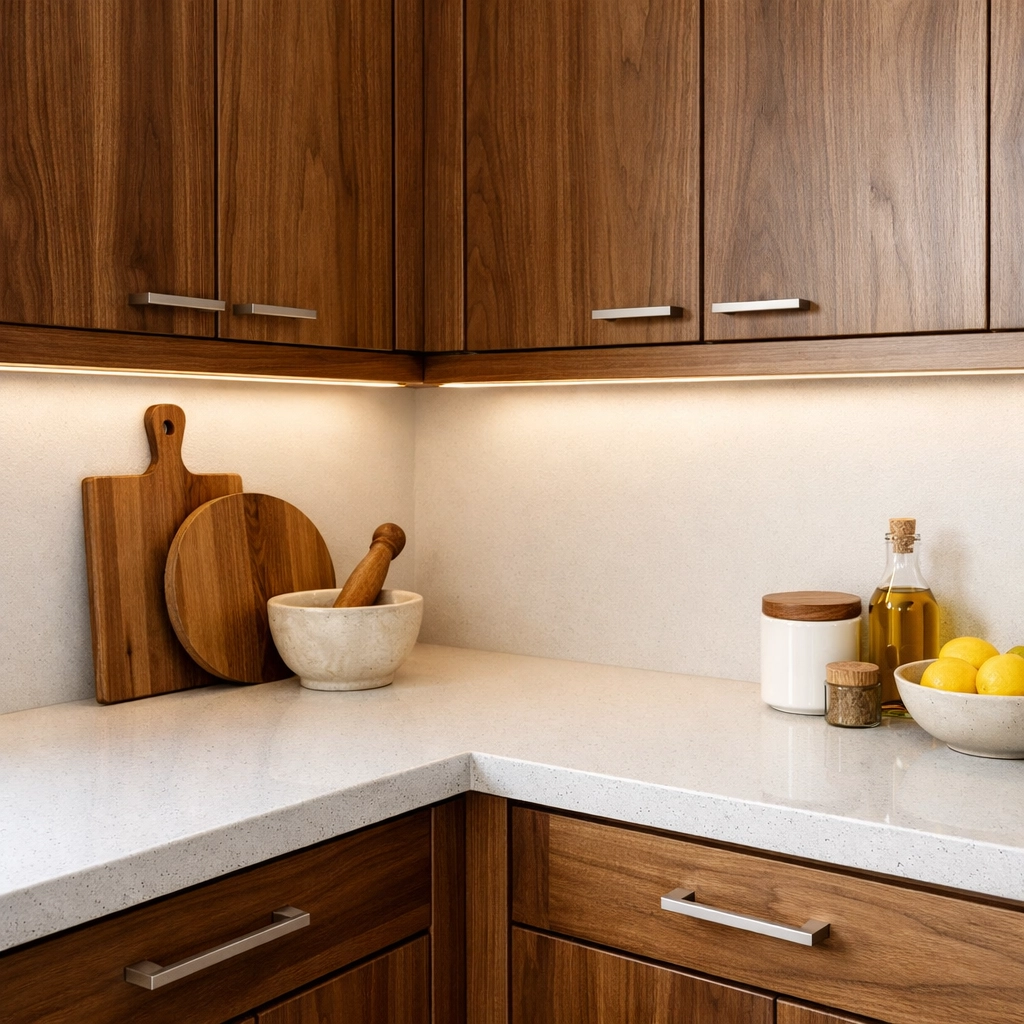 Walnut custom cabinets and quartz countertops highlighting quality craftsmanship in a Minnesota home.