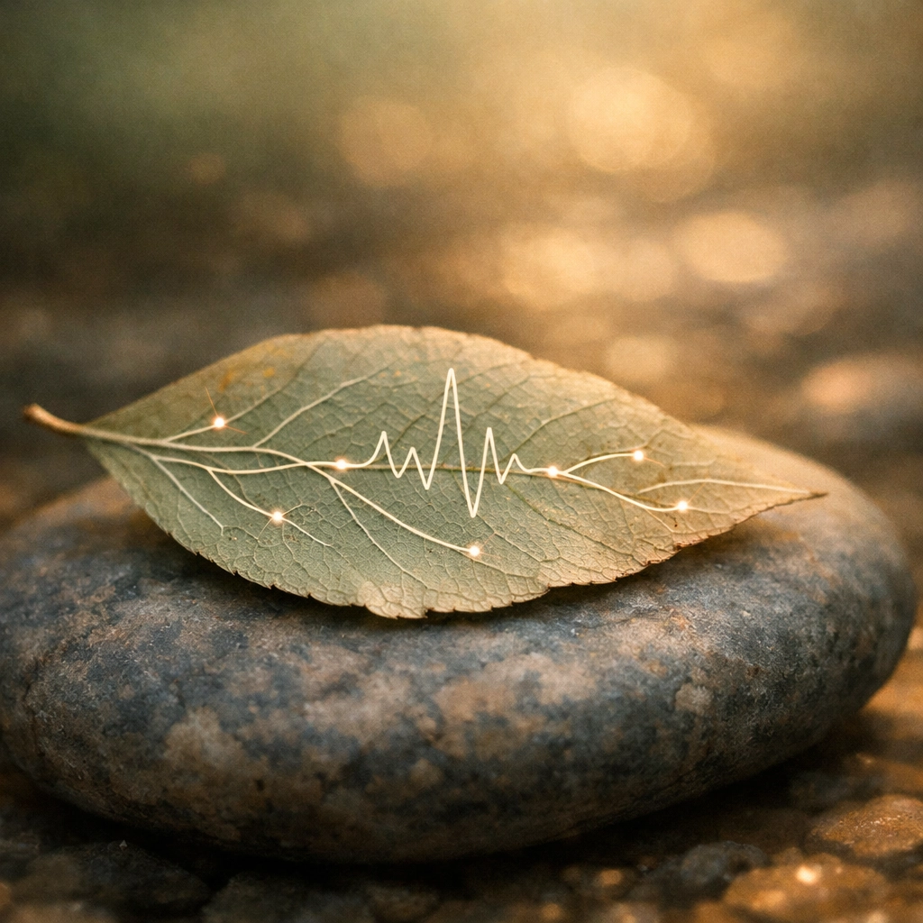 Artistic leaf on a river stone symbolizing the grounding effects of yoga on the nervous system during sobriety.