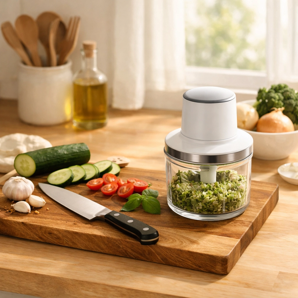 Simple kitchen tools and fresh vegetables on counter for easy meal preparation