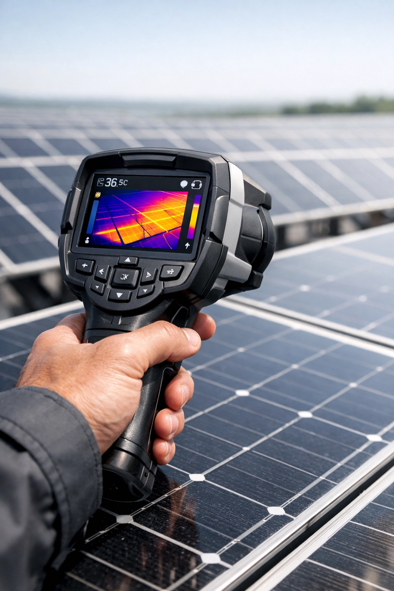 Solar technician inspecting panels to ensure long-term business solar power ROI and system health.