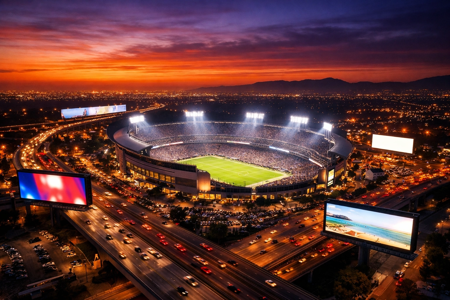 Aerial view of a sports stadium and digital highway billboards during the 2026 Super Bowl event.
