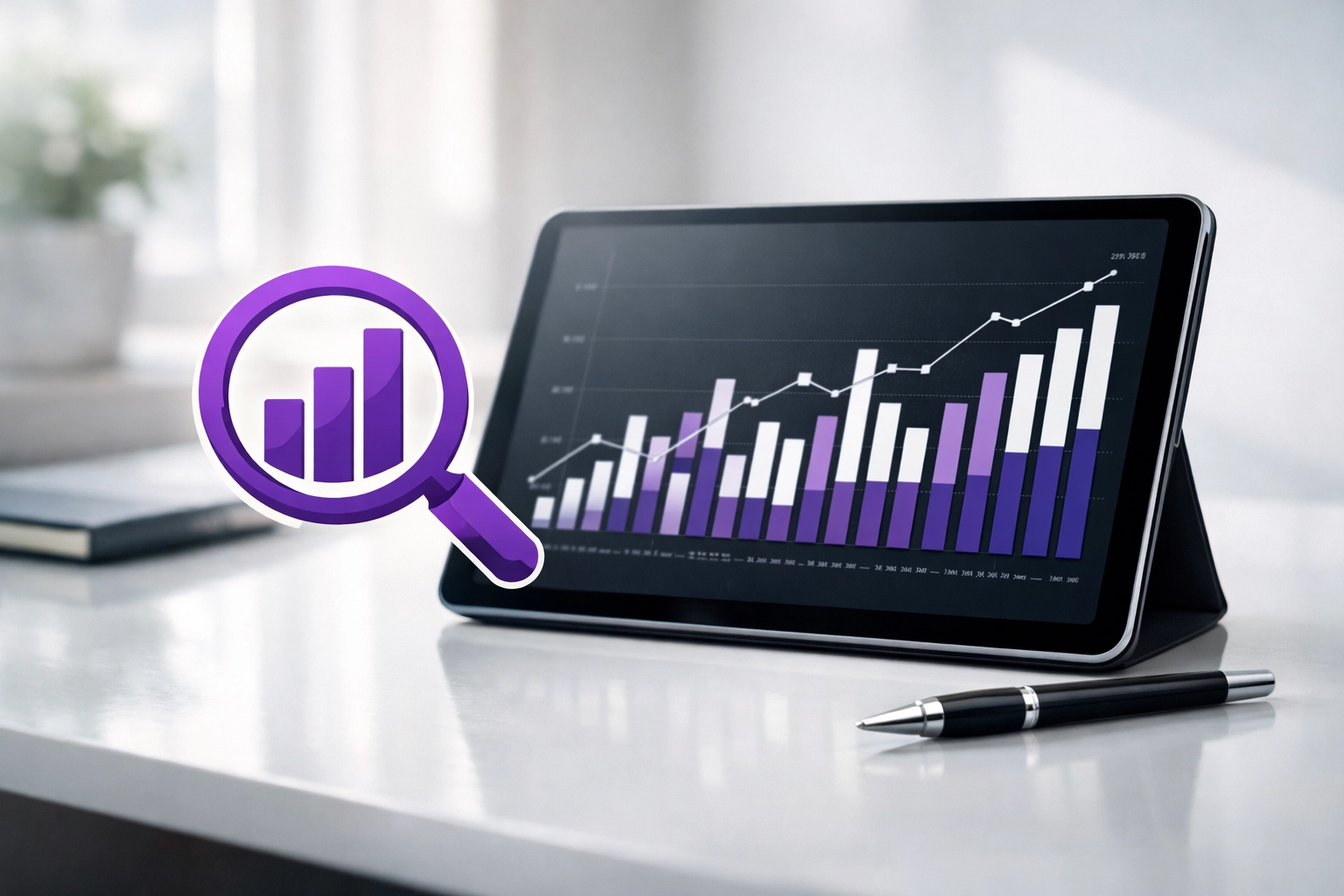 Financial chart and magnifying glass icon showing transparent service charge management for Essex blocks.