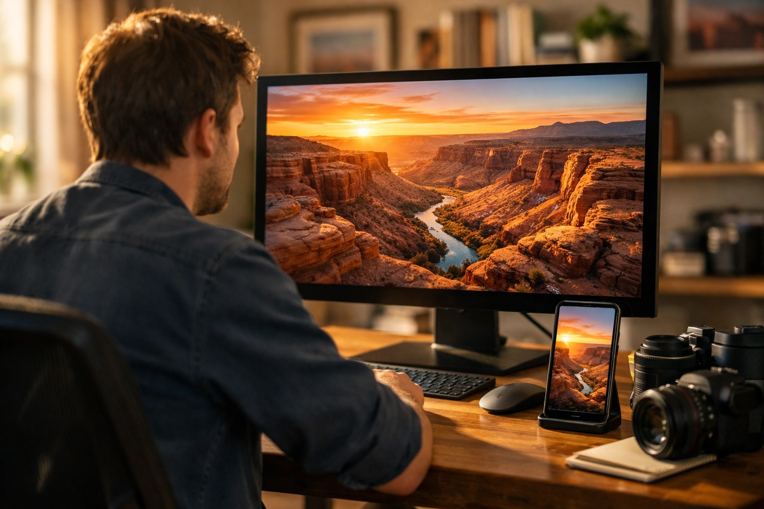 Photographer viewing an optimized landscape photo on desktop and mobile, ensuring fast load times for SEO.