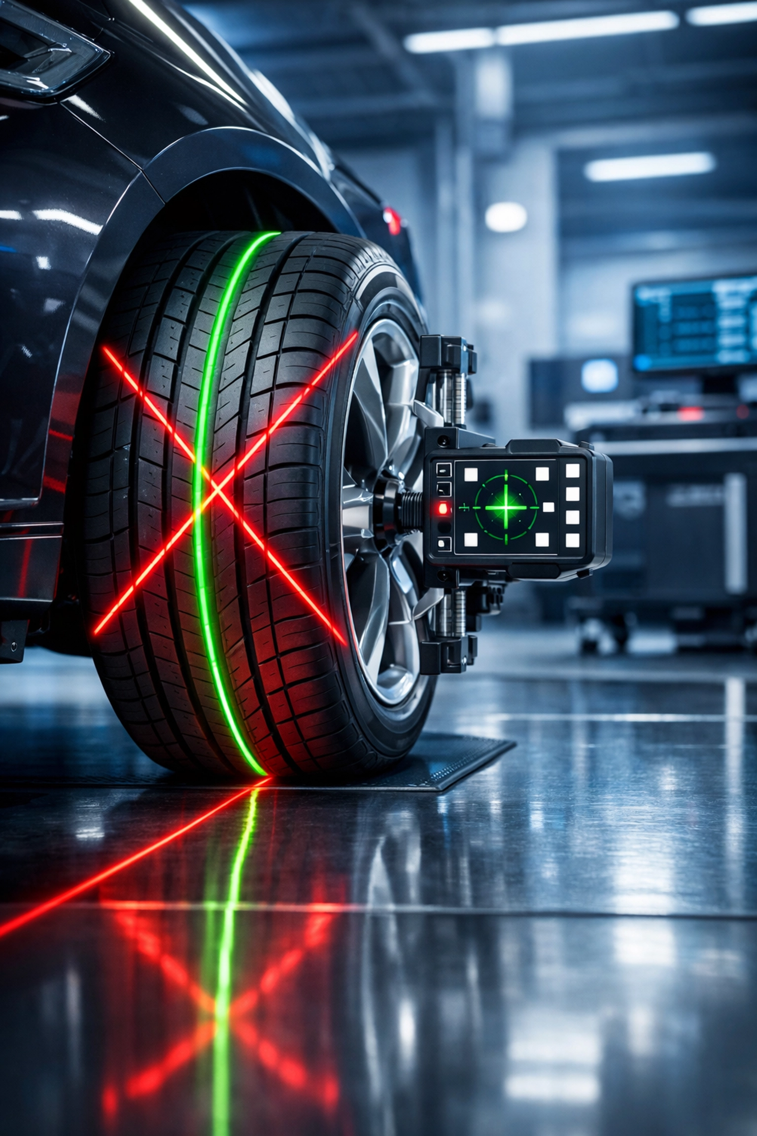 Professional wheel alignment being performed on a vehicle tire at a modern auto repair shop.