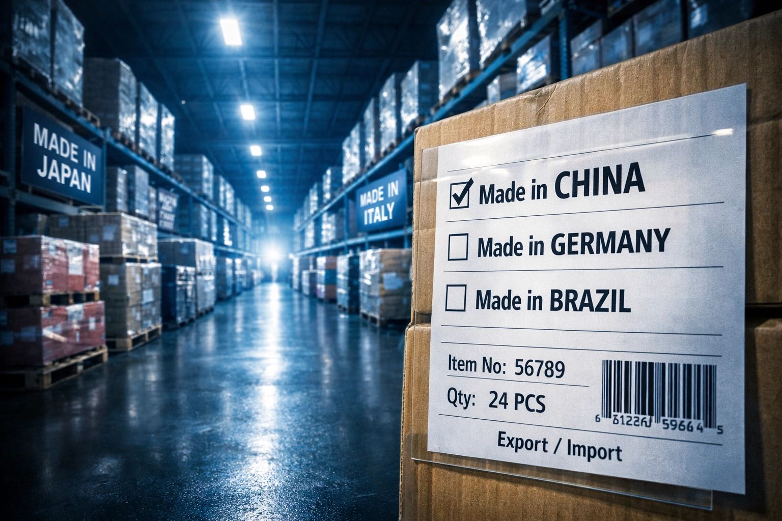 Warehouse with palletized imported goods showing country of origin labels for customs compliance