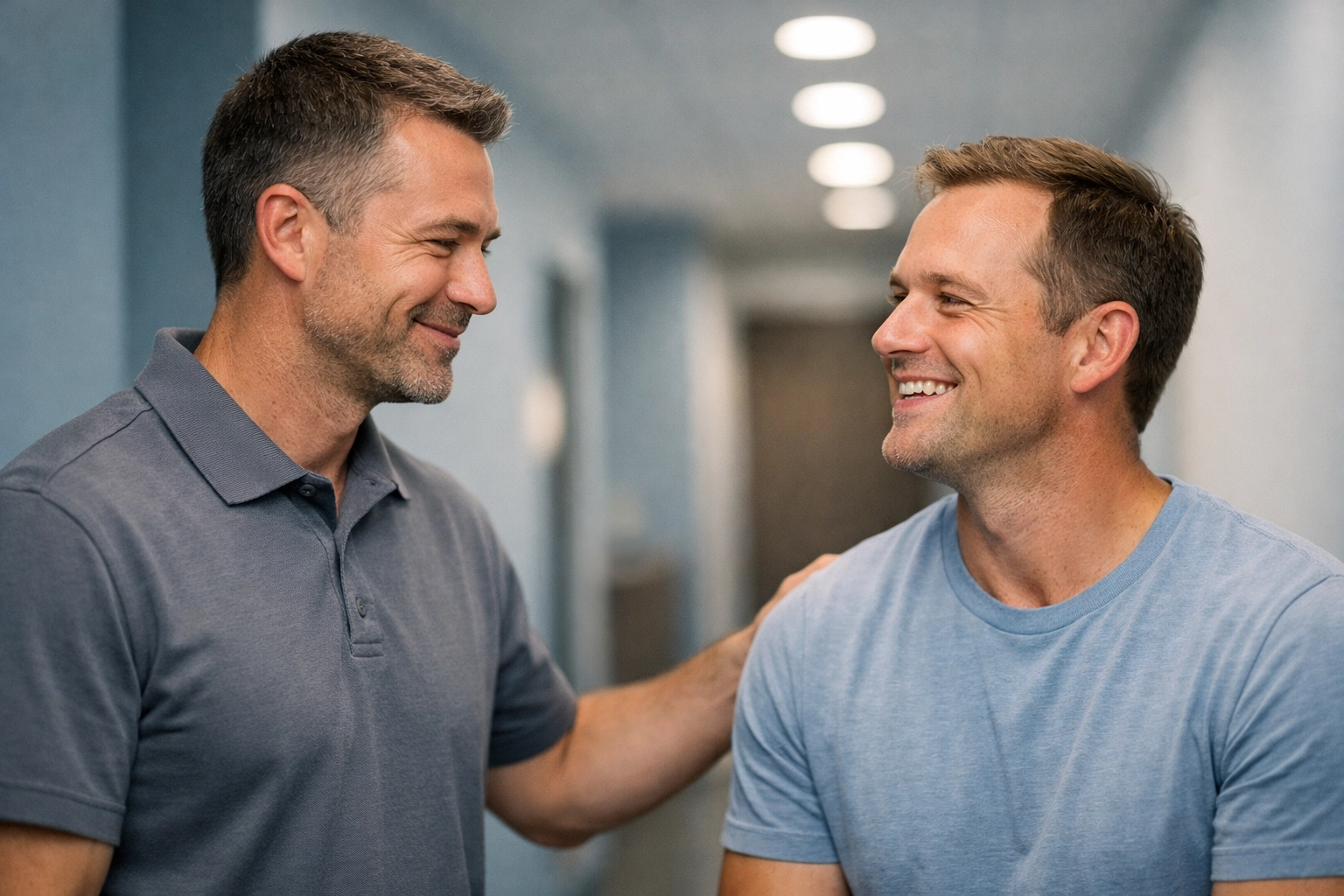 Professional chiropractor interacting with a happy patient in a clean, modern chiropractic clinic hallway.