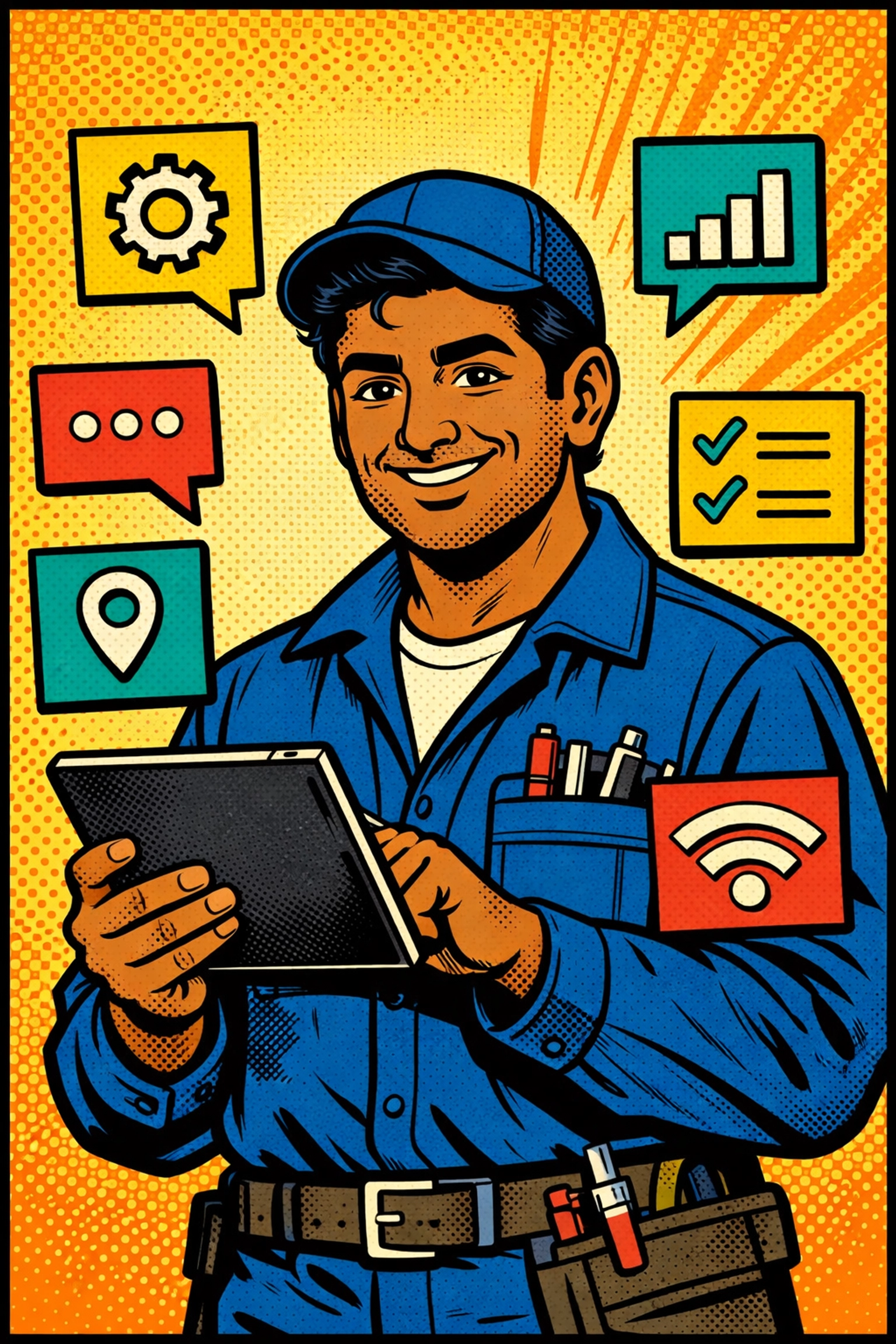 Service technician using simple AI marketing tools on tablet device