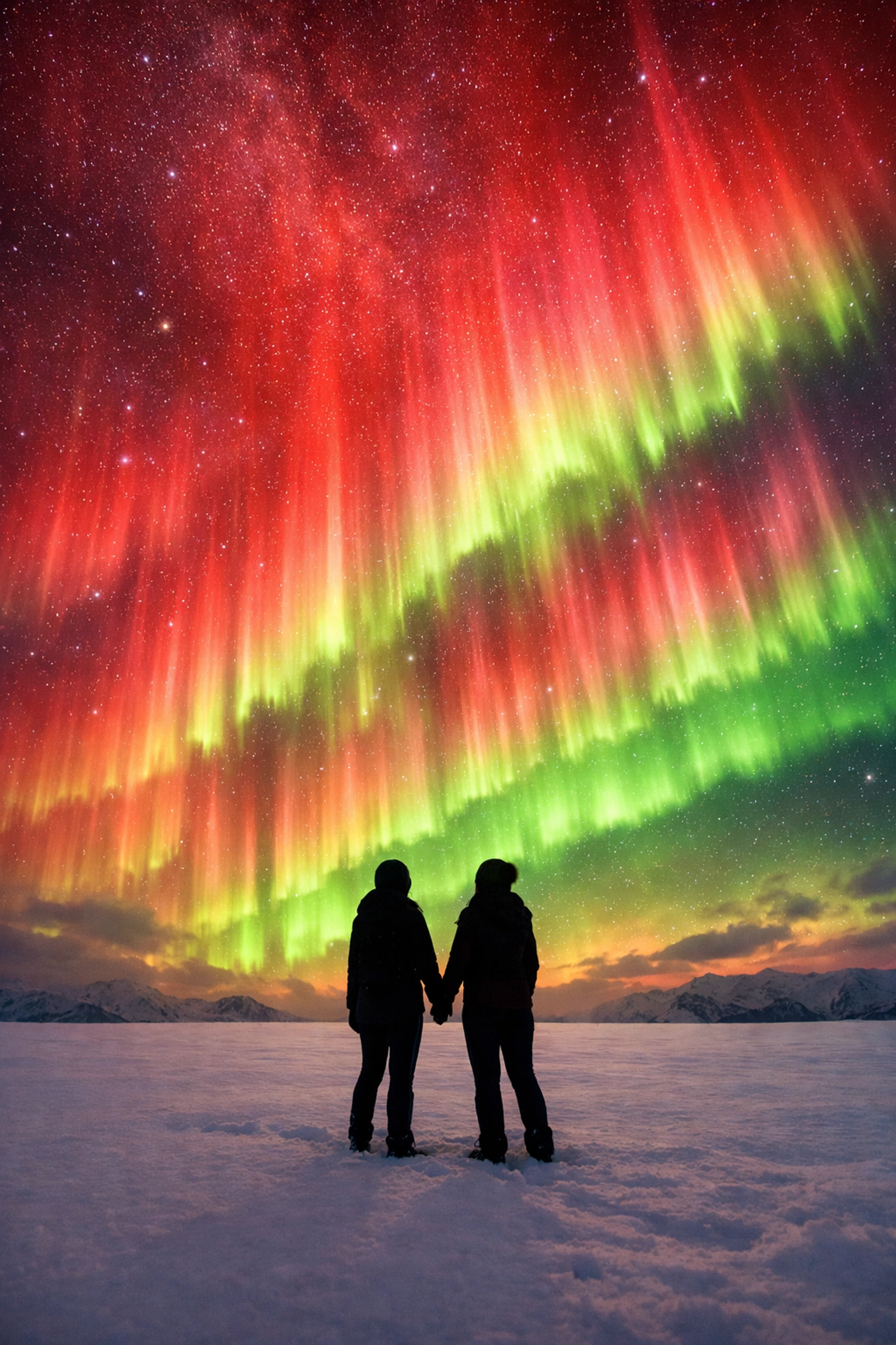 Lesbian couple holding hands under the vibrant Solar Maximum Northern Lights in the Arctic.
