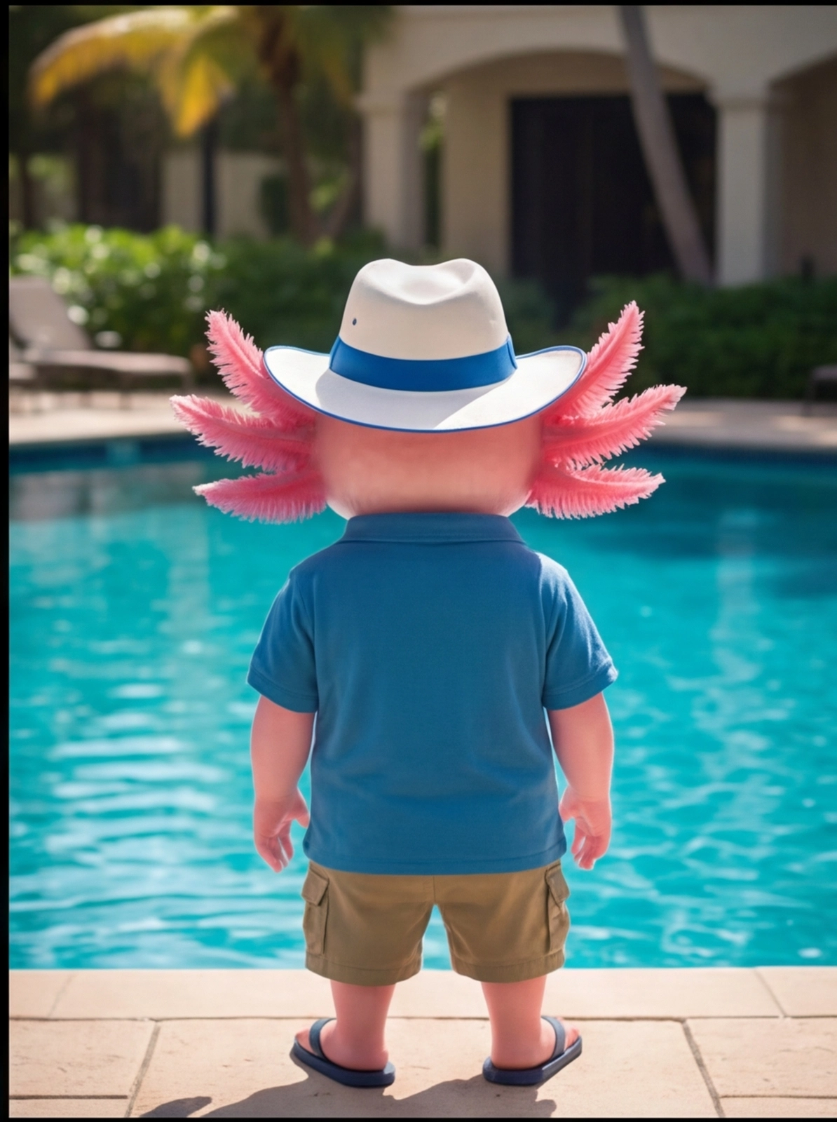 Poolside Pros mascot character checking the pool equipment