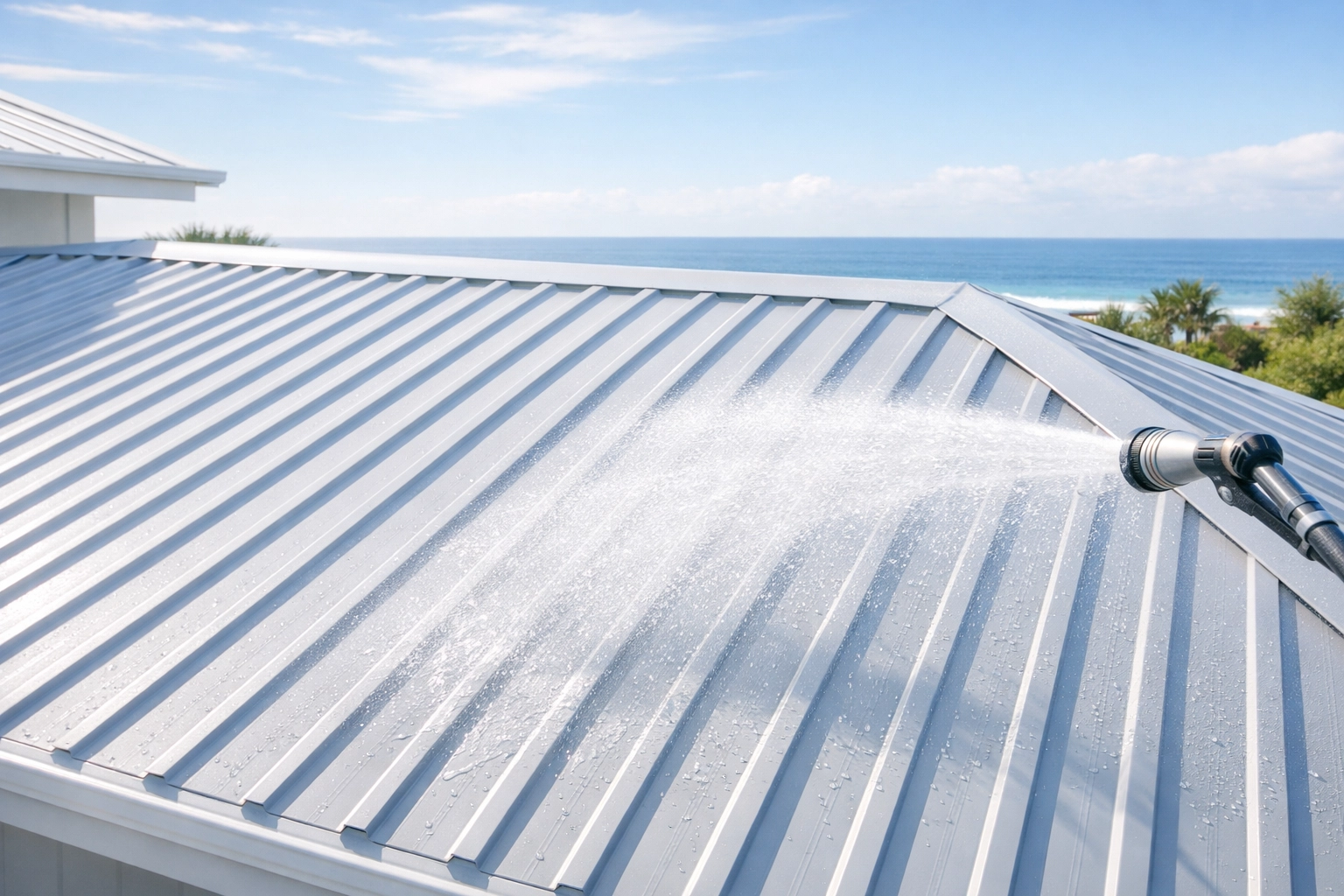 Rinsing salt spray from a Lysaght metal roof to maintain longevity for Northern Beaches roofing.