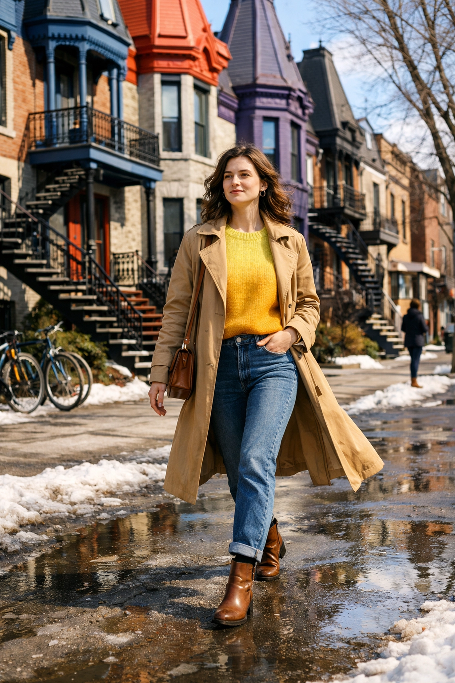Woman in spring fashion walking past Victorian houses on Avenue du Mont-Royal, Montreal.