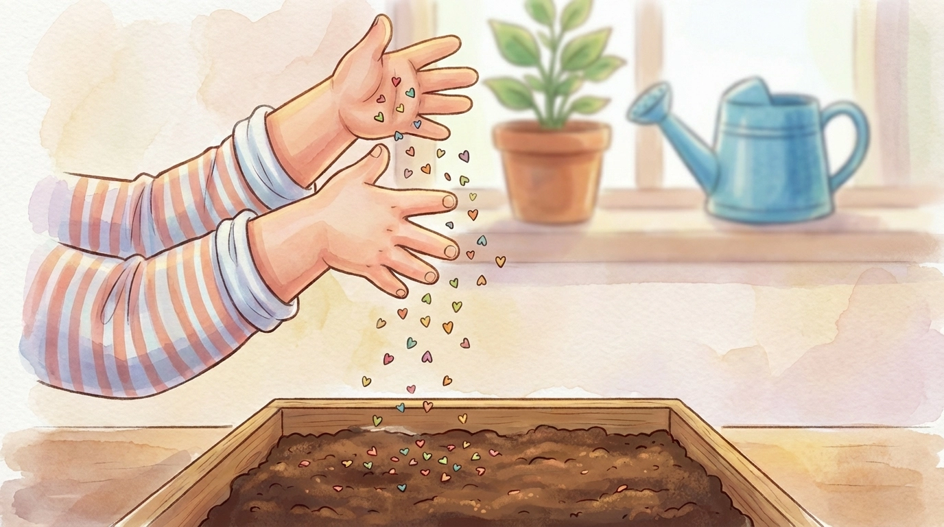 Storybook-style image of a child planting microgreen seeds in soil, showing hands scattering seeds in a tray indoors.