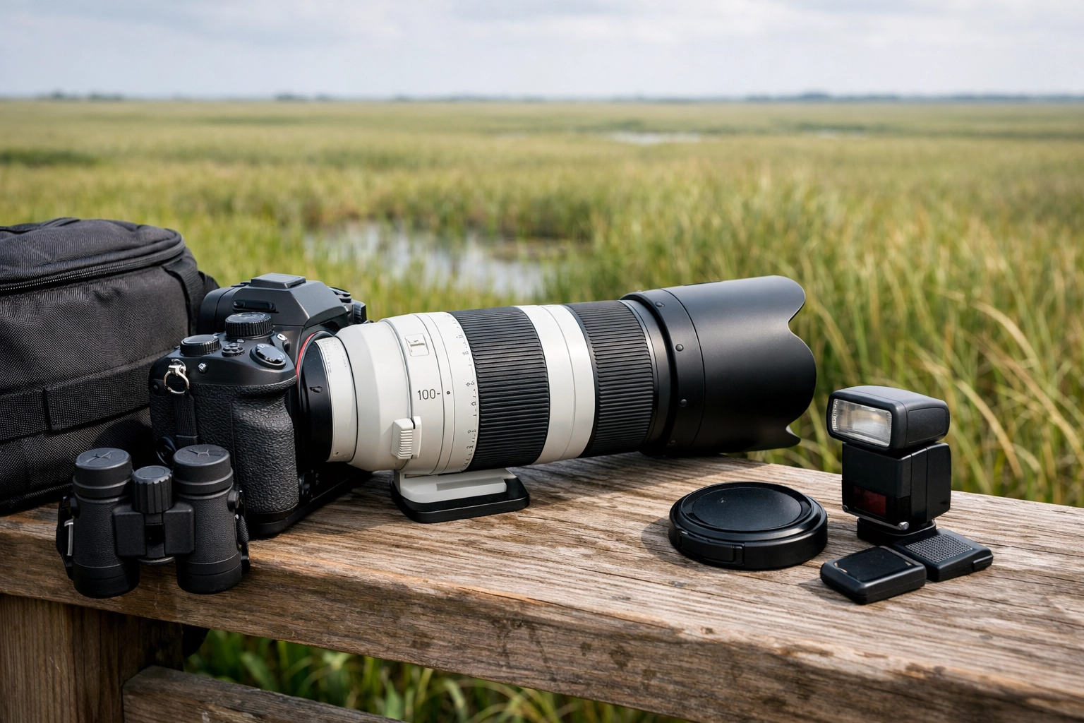 Essential photography gear for an Everglades wildlife tour, featuring a telephoto lens on the Anhinga Trail.