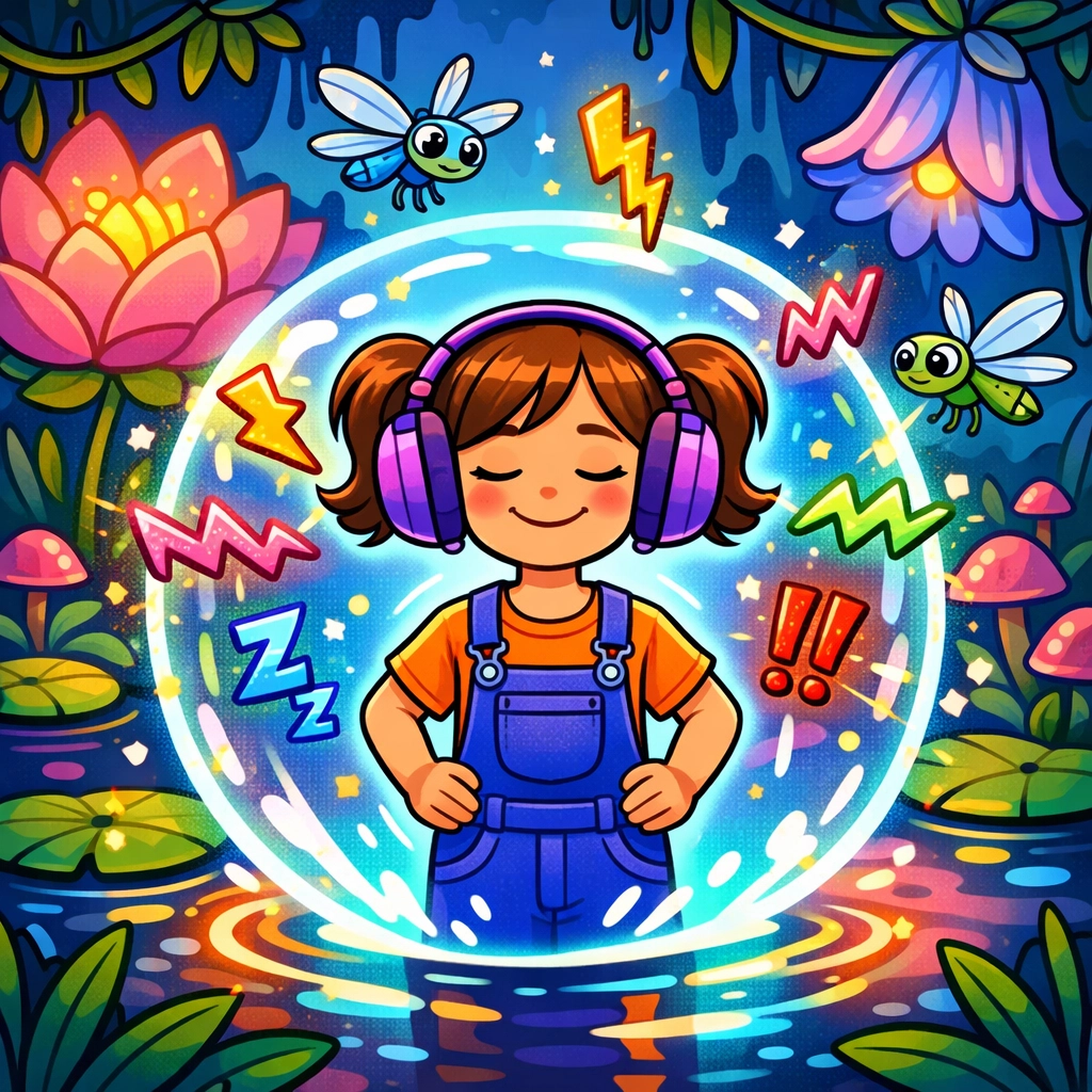 Child wearing noise-canceling headphones in a colorful swamp, showing needs-led support for sensory processing.