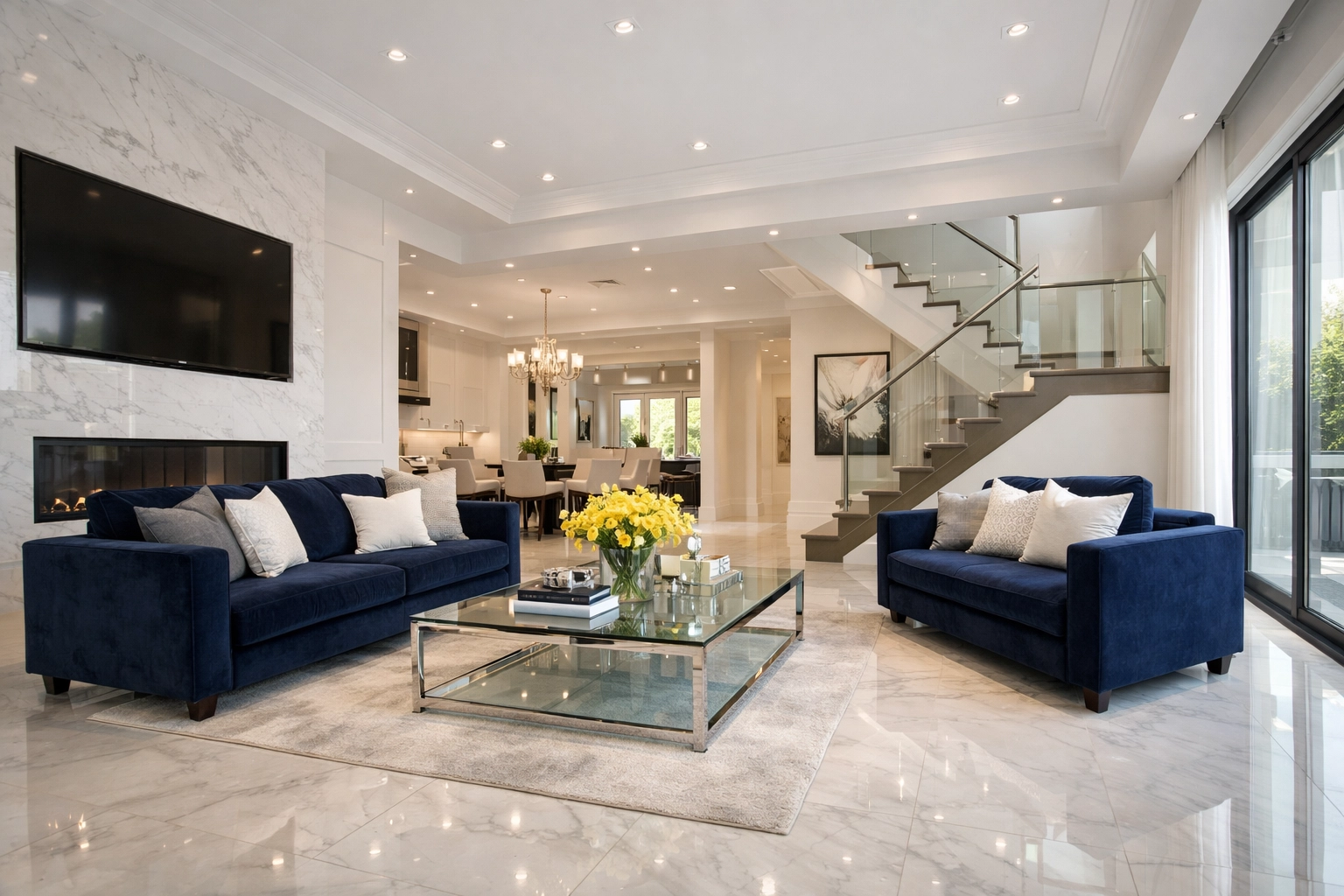 A professionally cleaned luxury living room with spotless floors after a weekly house cleaning visit.