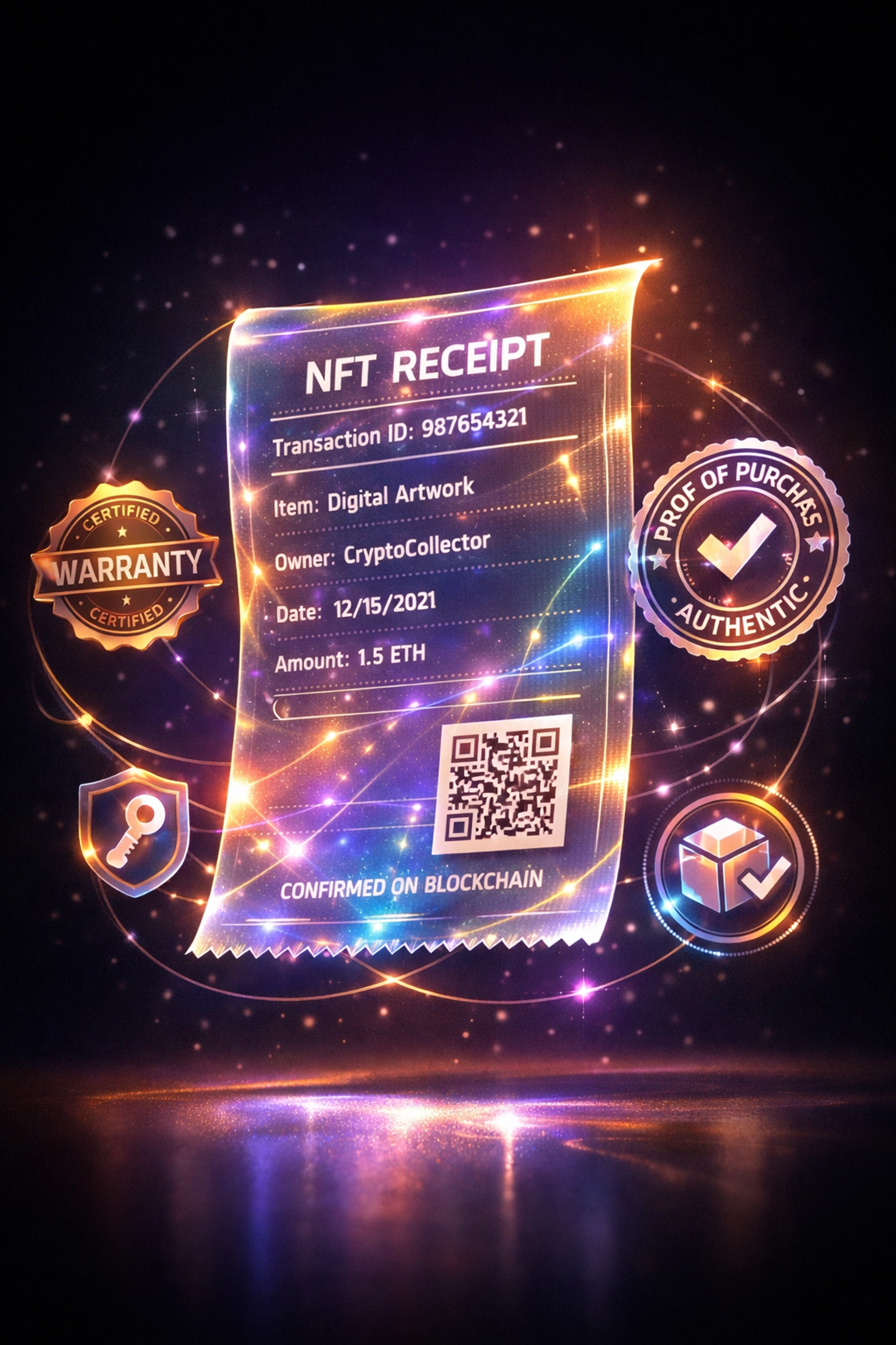 Holographic NFT receipt with digital warranty and proof of purchase elements
