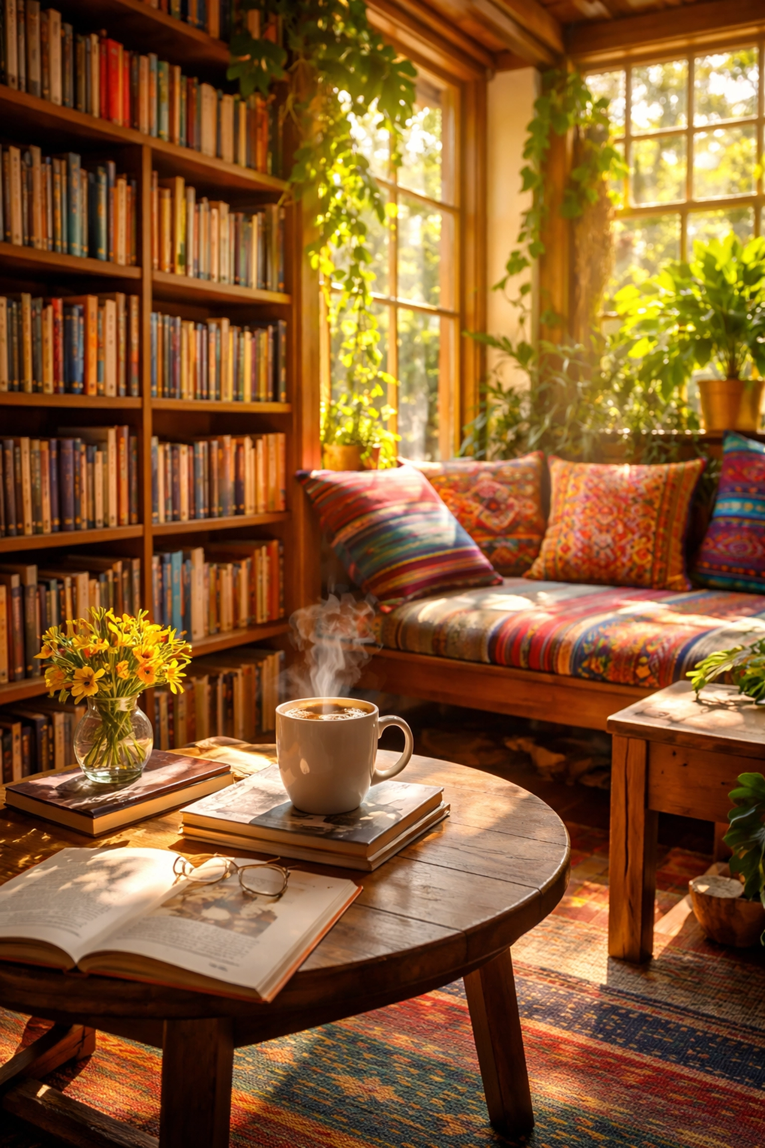 Cozy bookstore cafe in Puerto Vallarta with sunlit reading nook, bright textiles, and inviting atmosphere for coffee breaks.