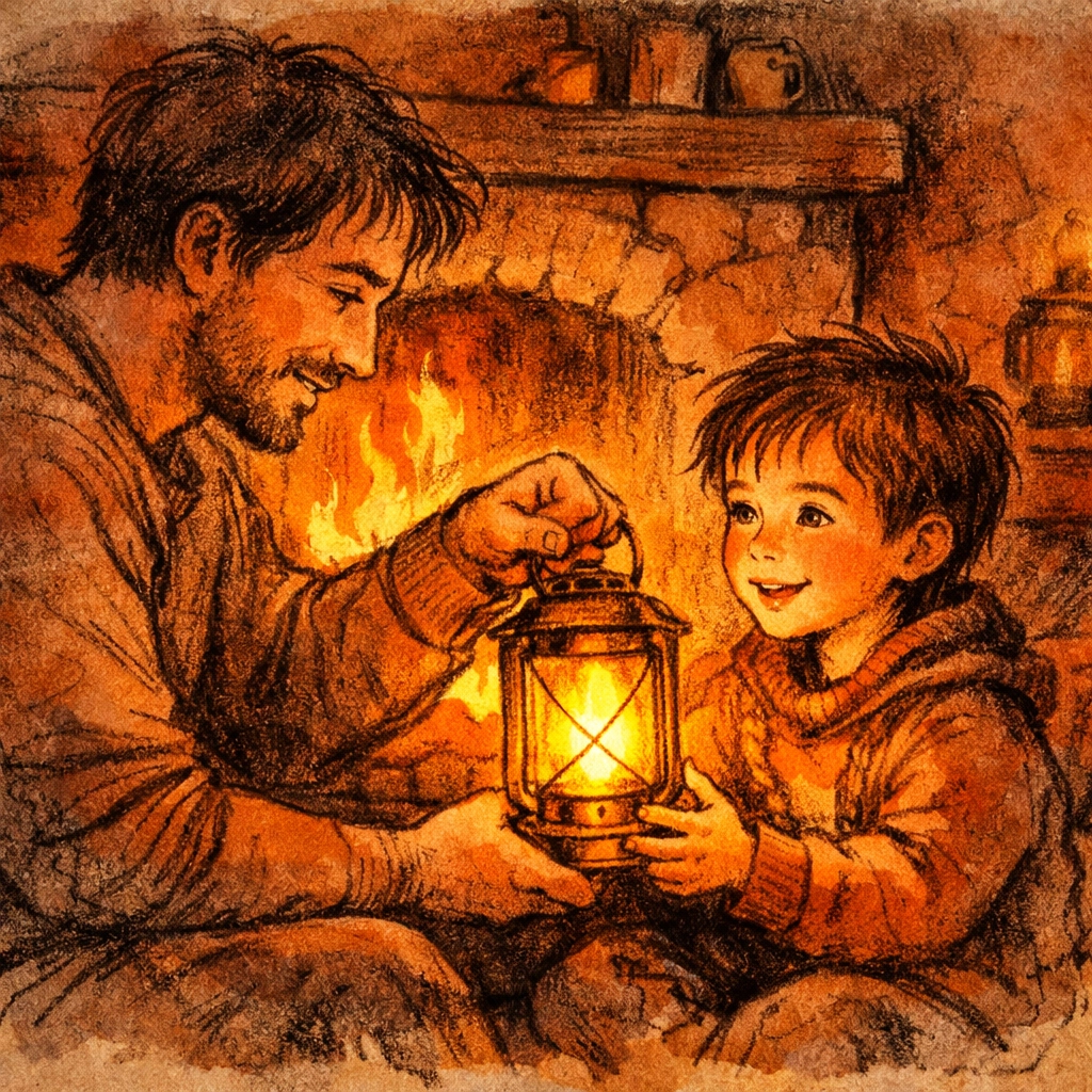 A father giving a glowing lantern to his son by a fireplace, representing the Light of the World in dark times.