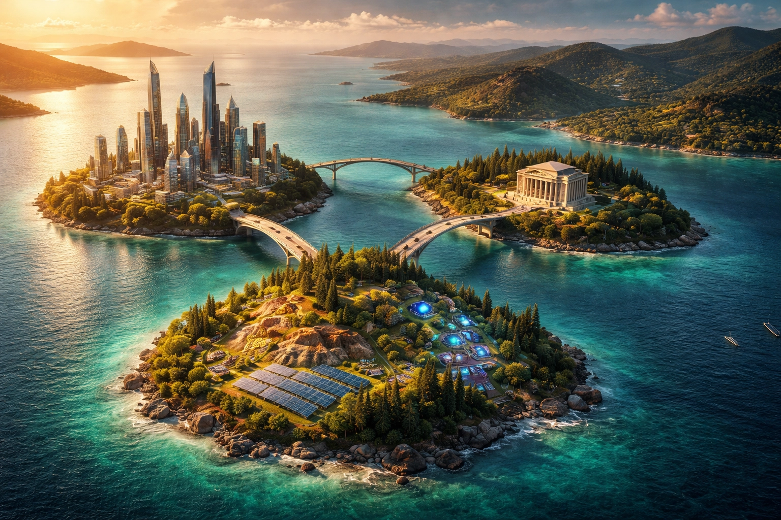 Aerial view of three connected islands representing portfolio diversification across equities, bonds, and alternatives