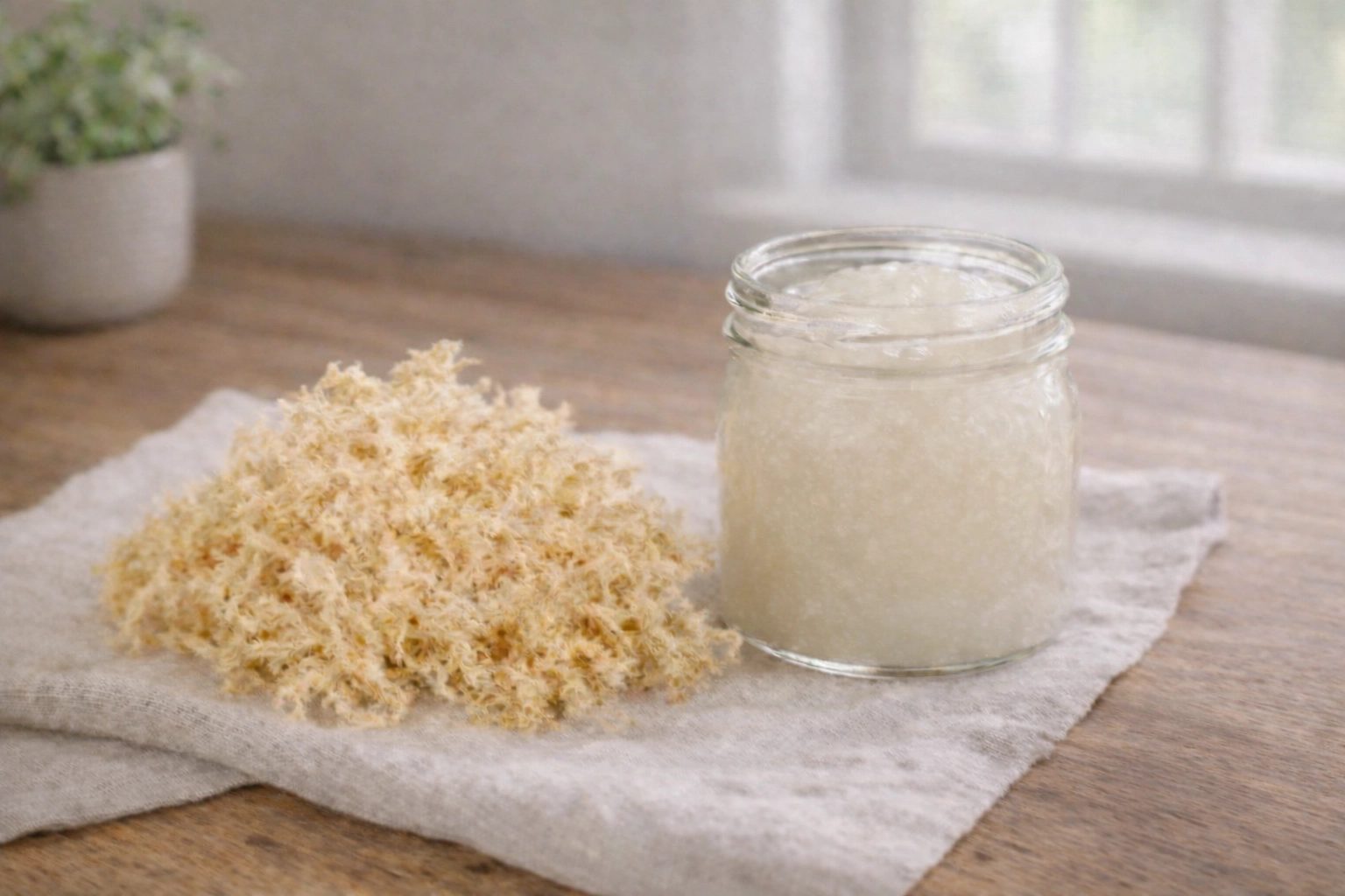 Raw wildcrafted gold sea moss and a jar of smooth sea moss gel on a clean wooden countertop.