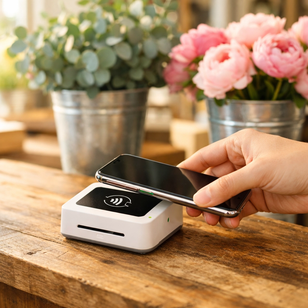 Customer making a smartphone payment using a compact SumUp card reader in a small business florist.