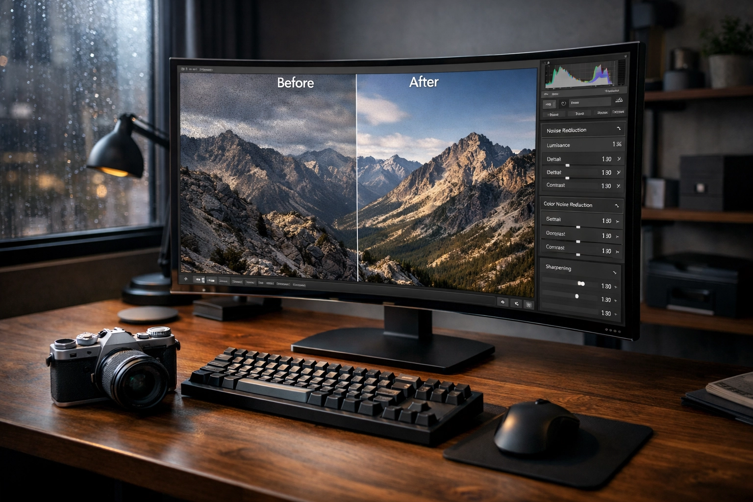 Professional workstation with photography software updates displayed on a high-end monitor with a mirrorless camera.