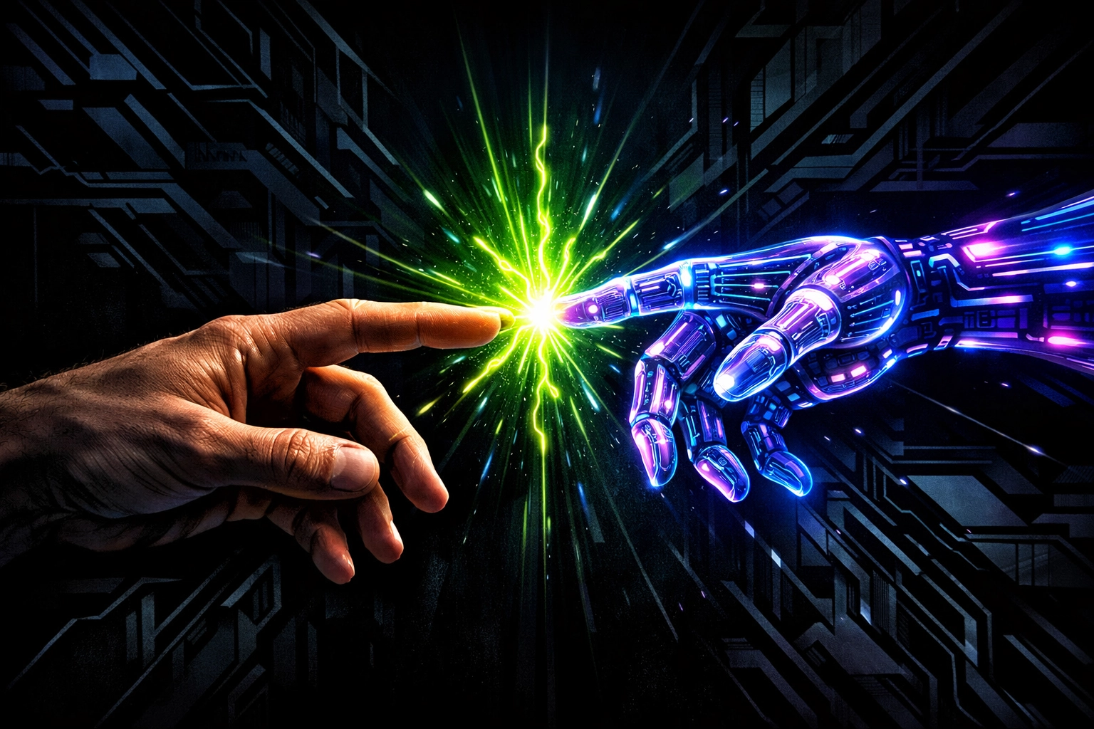 Human and robotic hands joining to show how intelligent automation solutions bridge the campus-to-career gap.