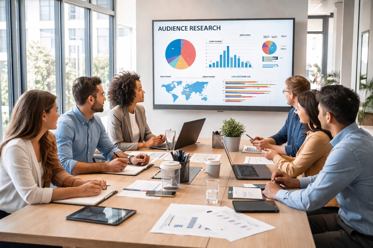 Marketing team strategizing around a conference table, reviewing audience data to plan effective brand activations.