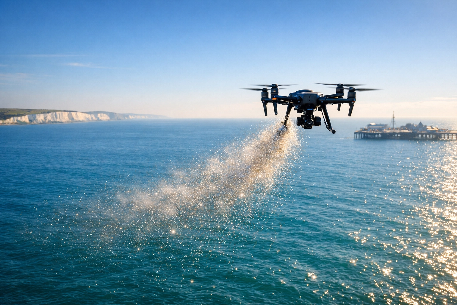 Professional drone ash scattering service over the sea at Brighton Beach for a peaceful memorial ceremony.