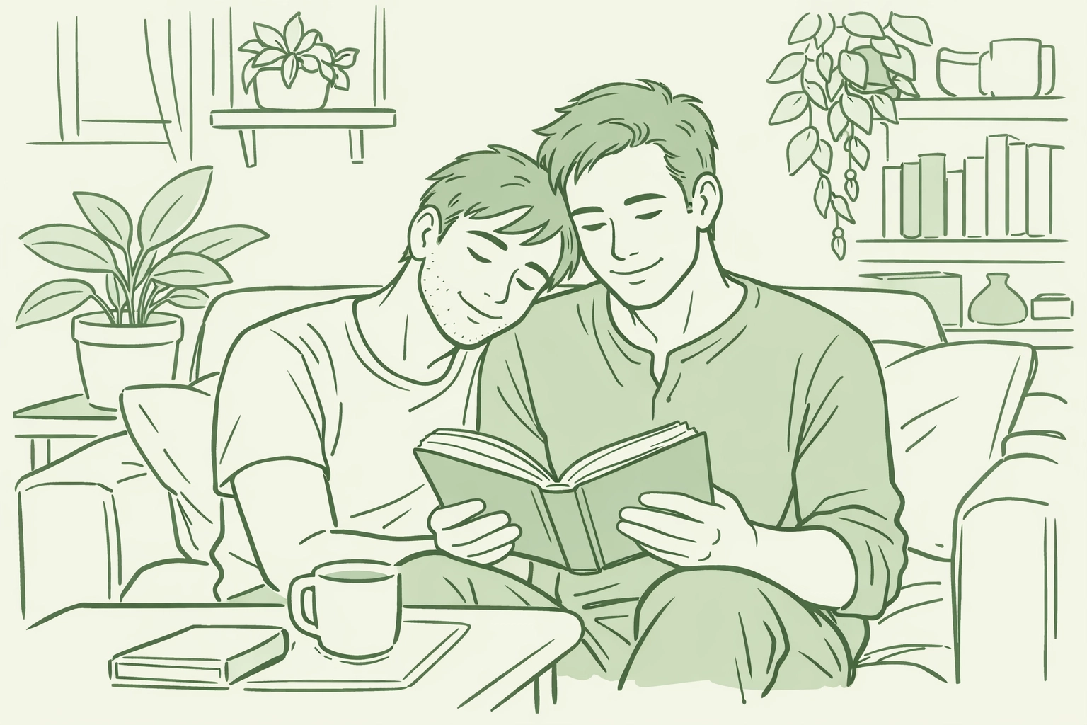 MM couple reading gay fiction together, capturing a moment of discovery and emotional connection through books.