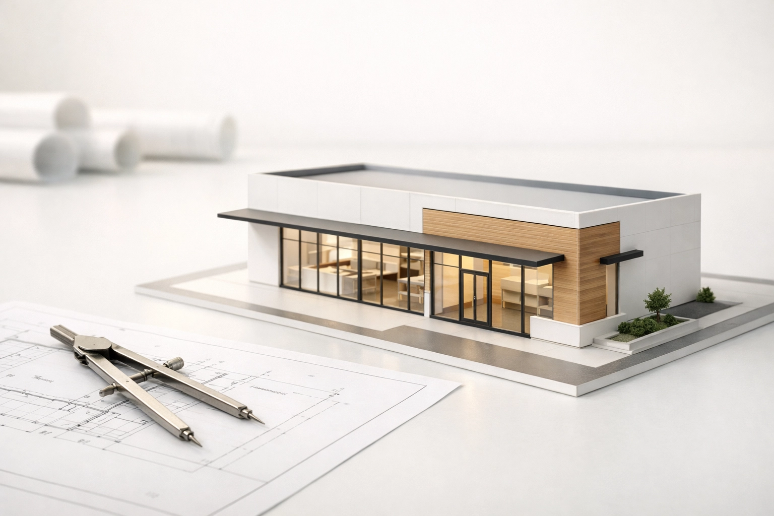 Architectural model and blueprints symbolizing a strong financial foundation for scaling a service business.