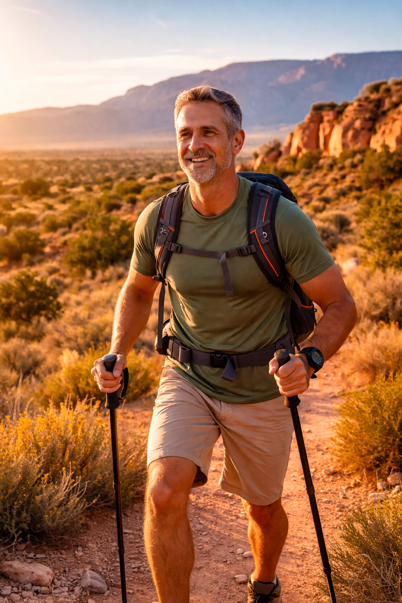 Fit man hiking near Albuquerque, symbolizing renewed vitality with TRT and New Mexico's scenic landscape