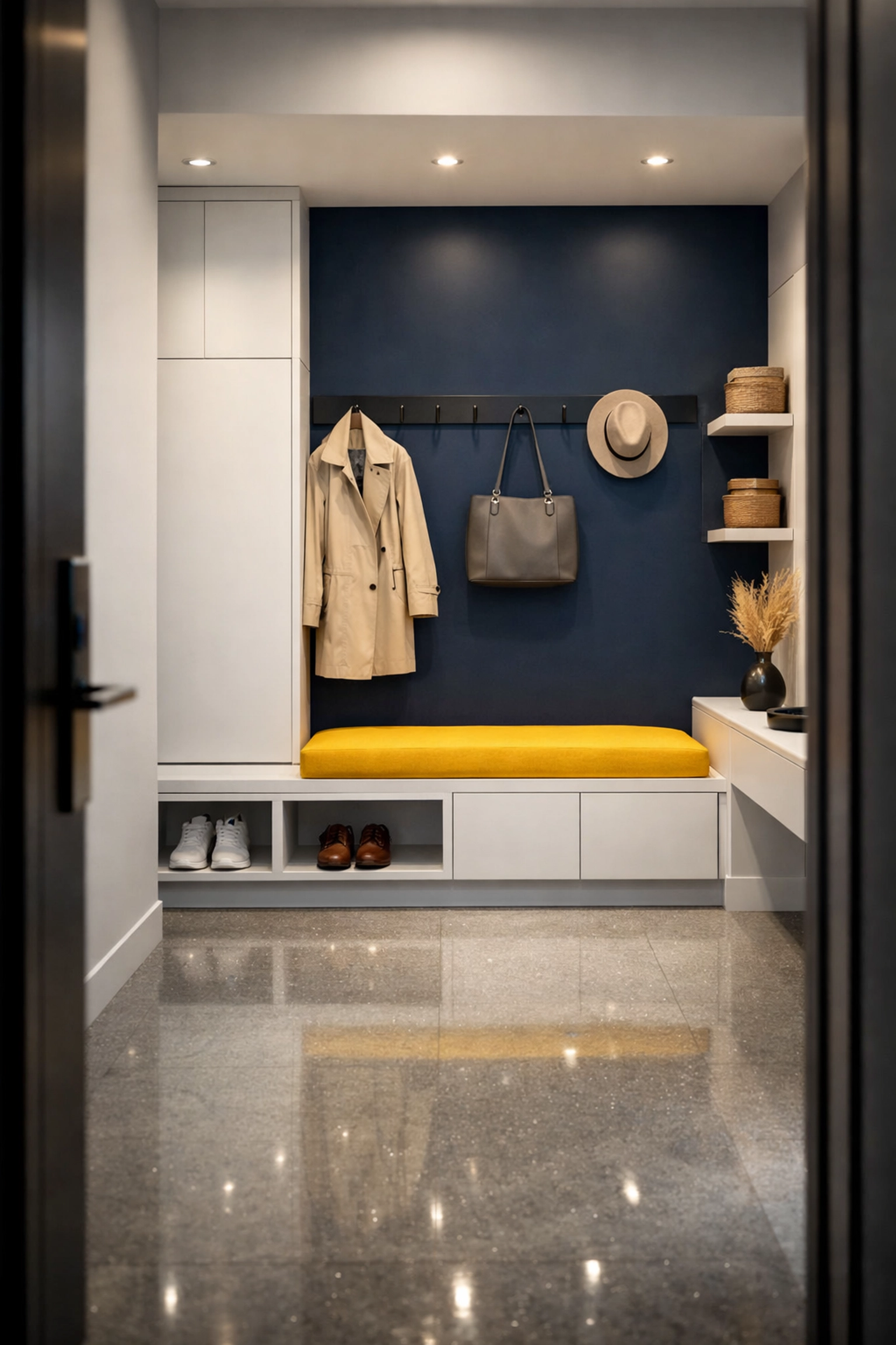 A perfectly organized and tidy modern entryway maintained by a reliable, local maid service Worcester provider.