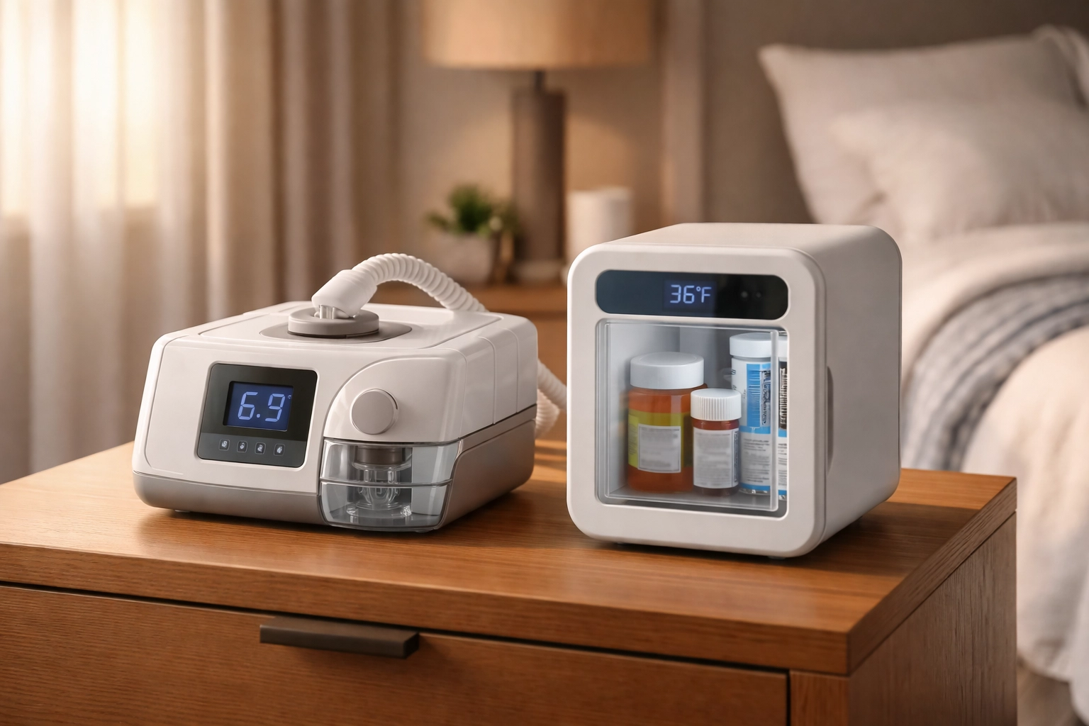 A CPAP machine and medication refrigerator on a bedroom nightstand illustrate essential medical equipment during outages.