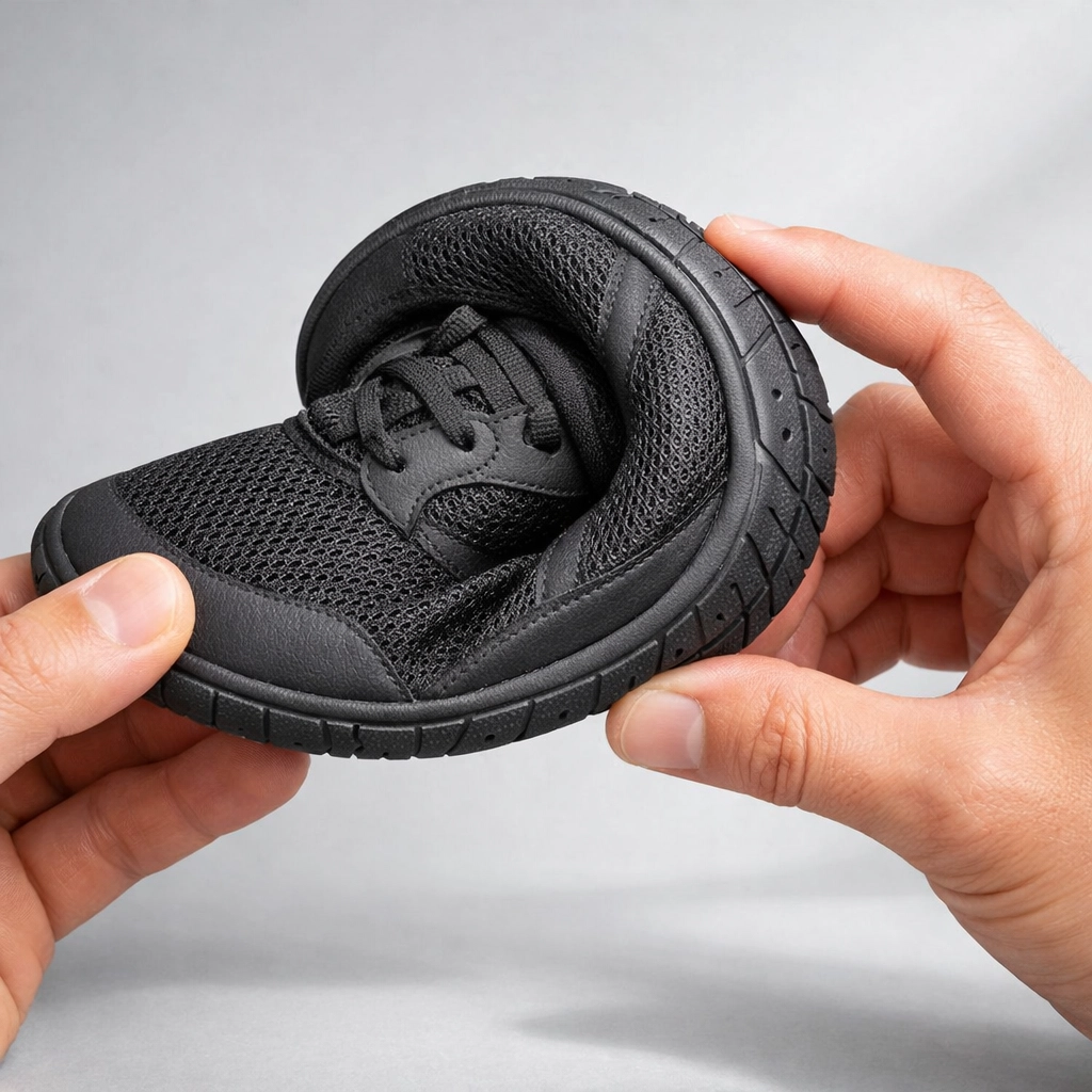 Flexible barefoot shoe with a wide toe box being twisted to show minimalist construction and thin sole.